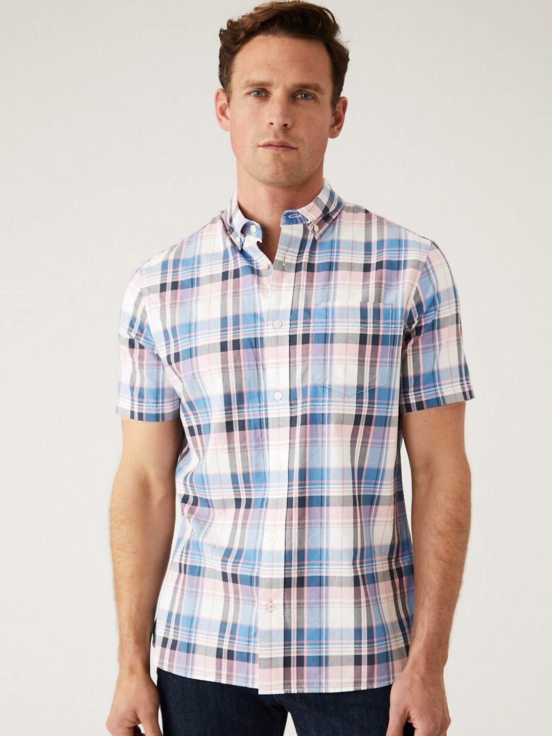 

Marks & Spencer Button Down Collar Tartan Checked Cotton Casual Shirt, Pink