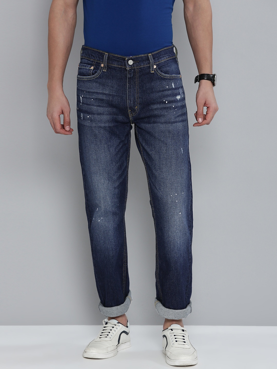 

Levis Men Mid Rise Straight Fit Low Distress Light Fade Stretchable Jeans, Blue