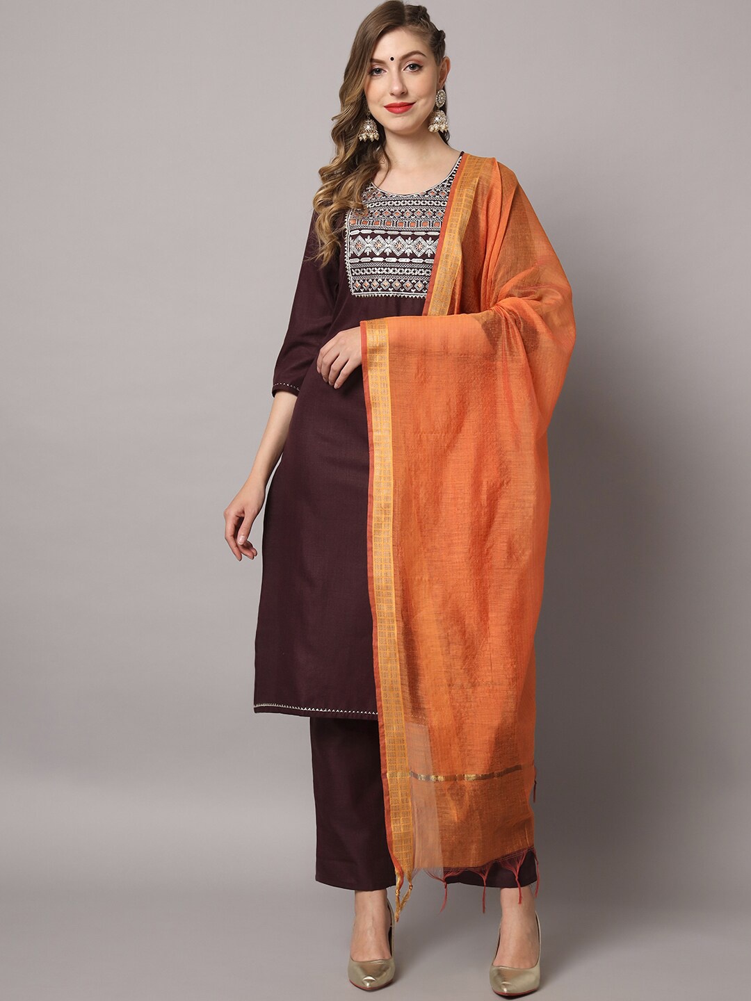 

ZRI Ethnic Motif Yoke Design Thread Work Pure Cotton Kurta With Trousers & Dupatta, Magenta