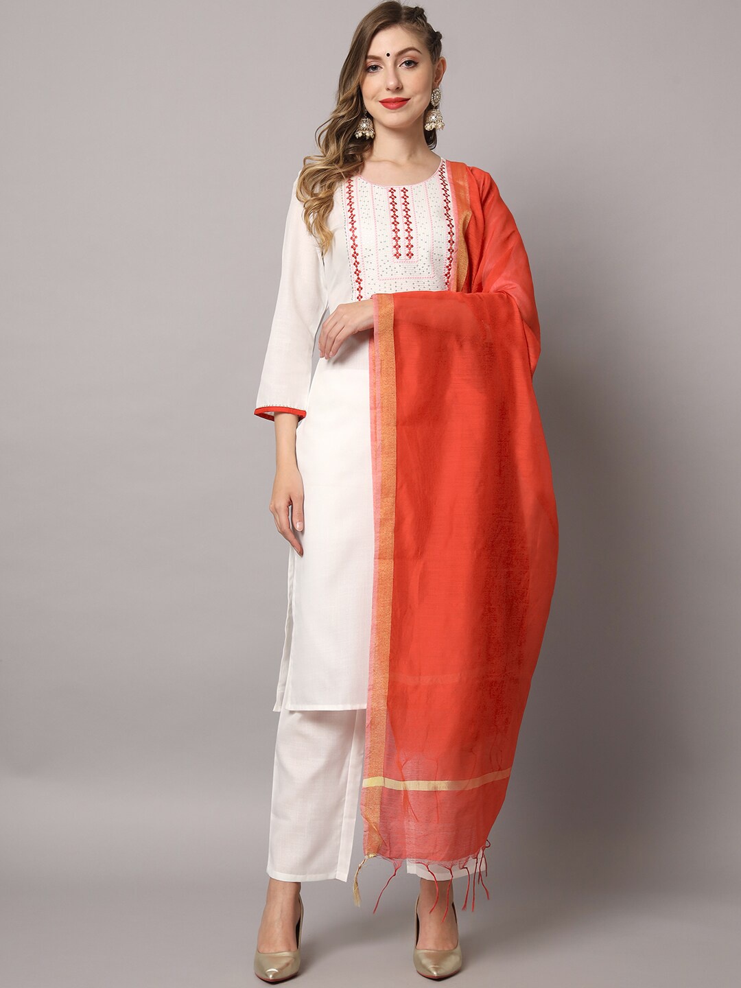 

ZRI Ethnic Motif Yoke Design Thread Work Pure Cotton Kurta With Trousers & Dupatta, White
