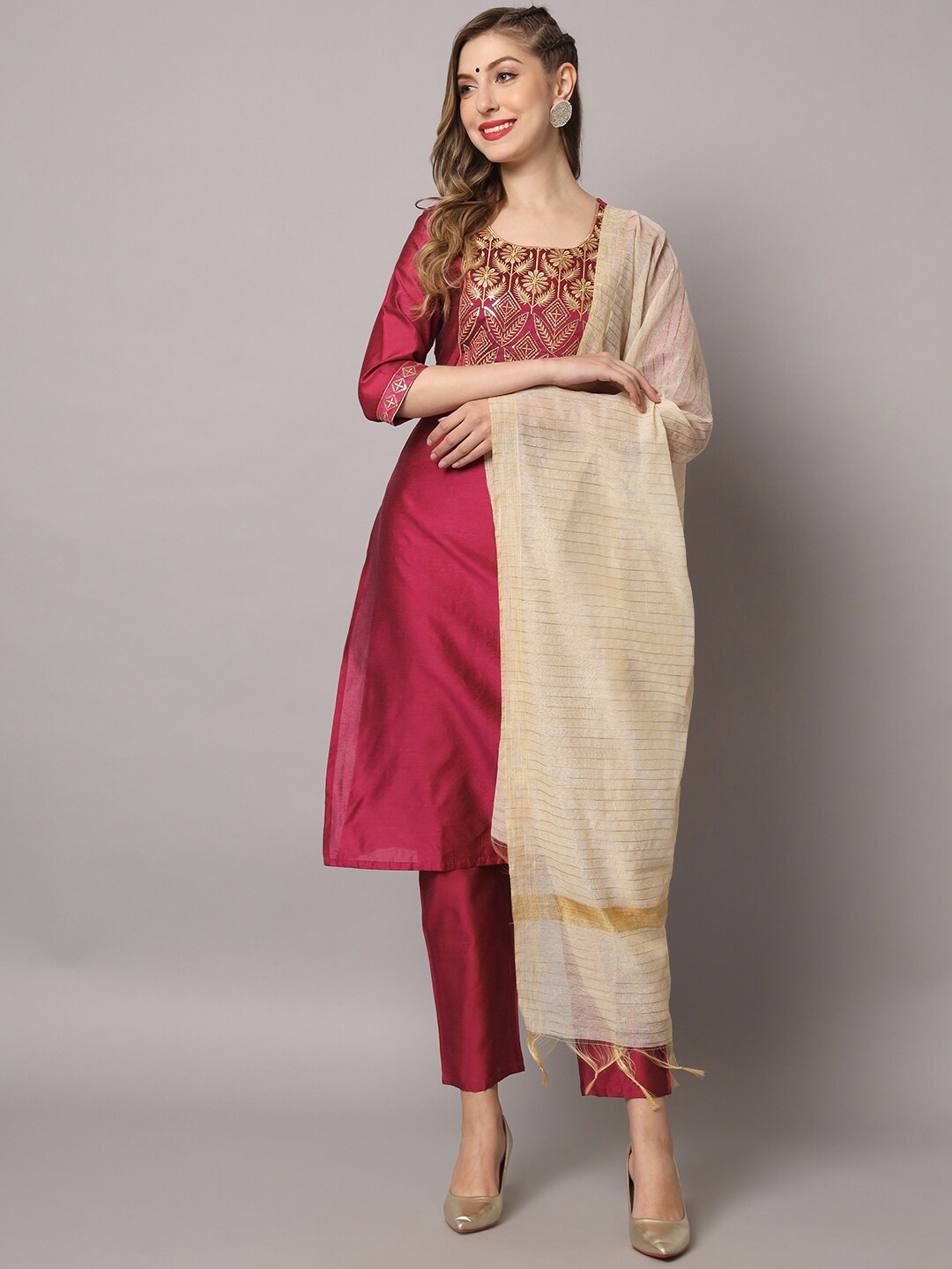 

ZRI Ethnic Motif Yoke Design Thread Work Art Silk Kurta With Trousers & Dupatta, Magenta
