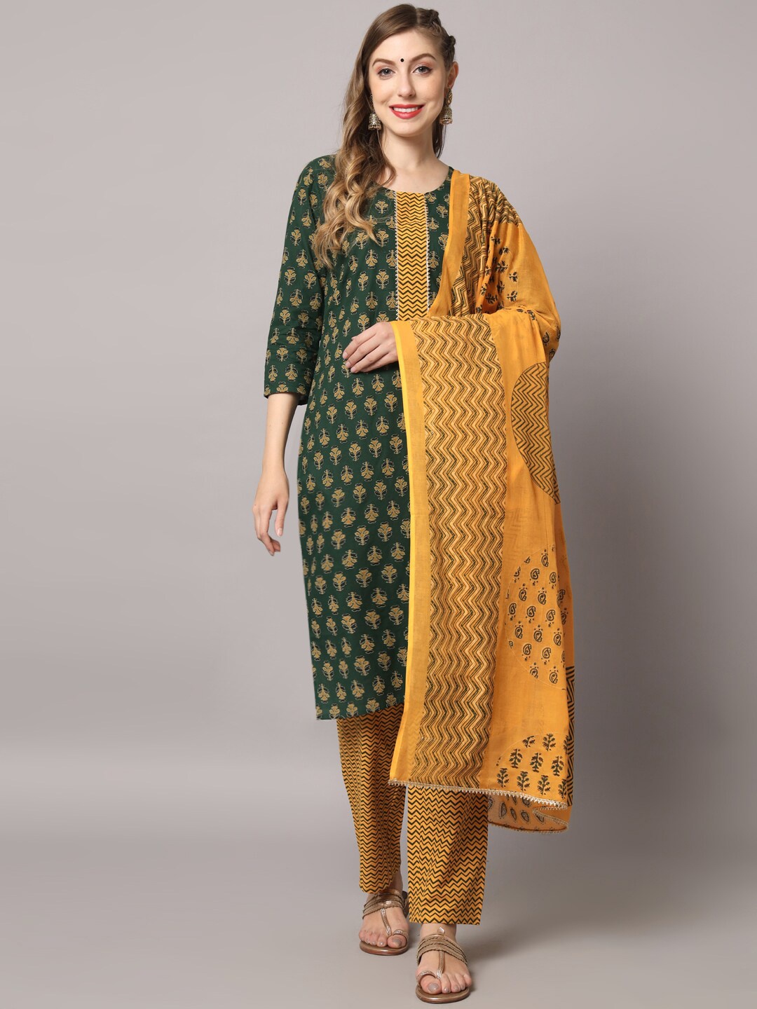 

ZRI Ethnic Motif Printed Pure Cotton Kurta With Trousers & Dupatta, Green