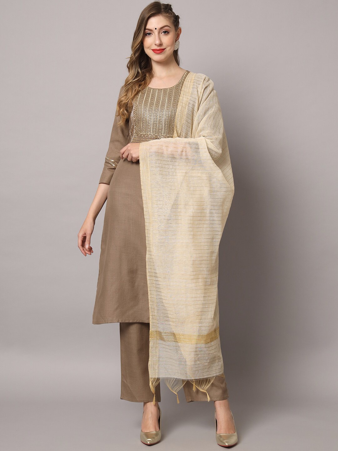 

ZRI Embroidered Gotta Patti Pure Cotton Kurta With Trousers & Dupatta, Taupe