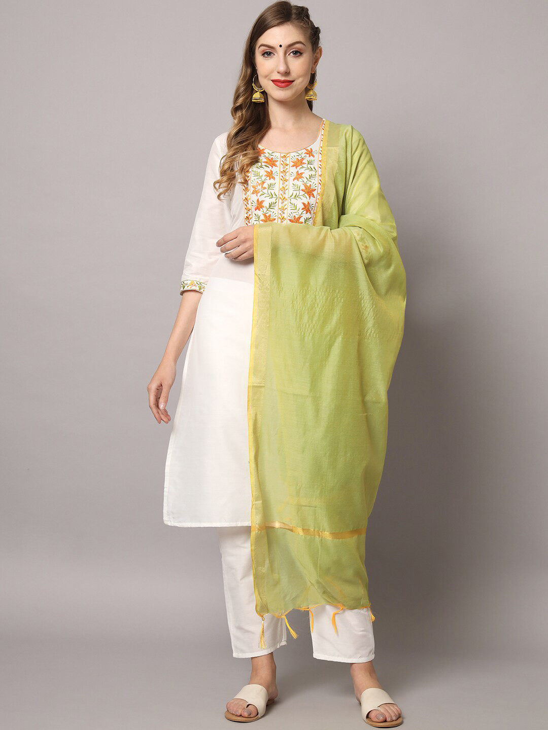

ZRI Round Neck Embroidered Pure Cotton Kurta With Trousers & Dupatta, White