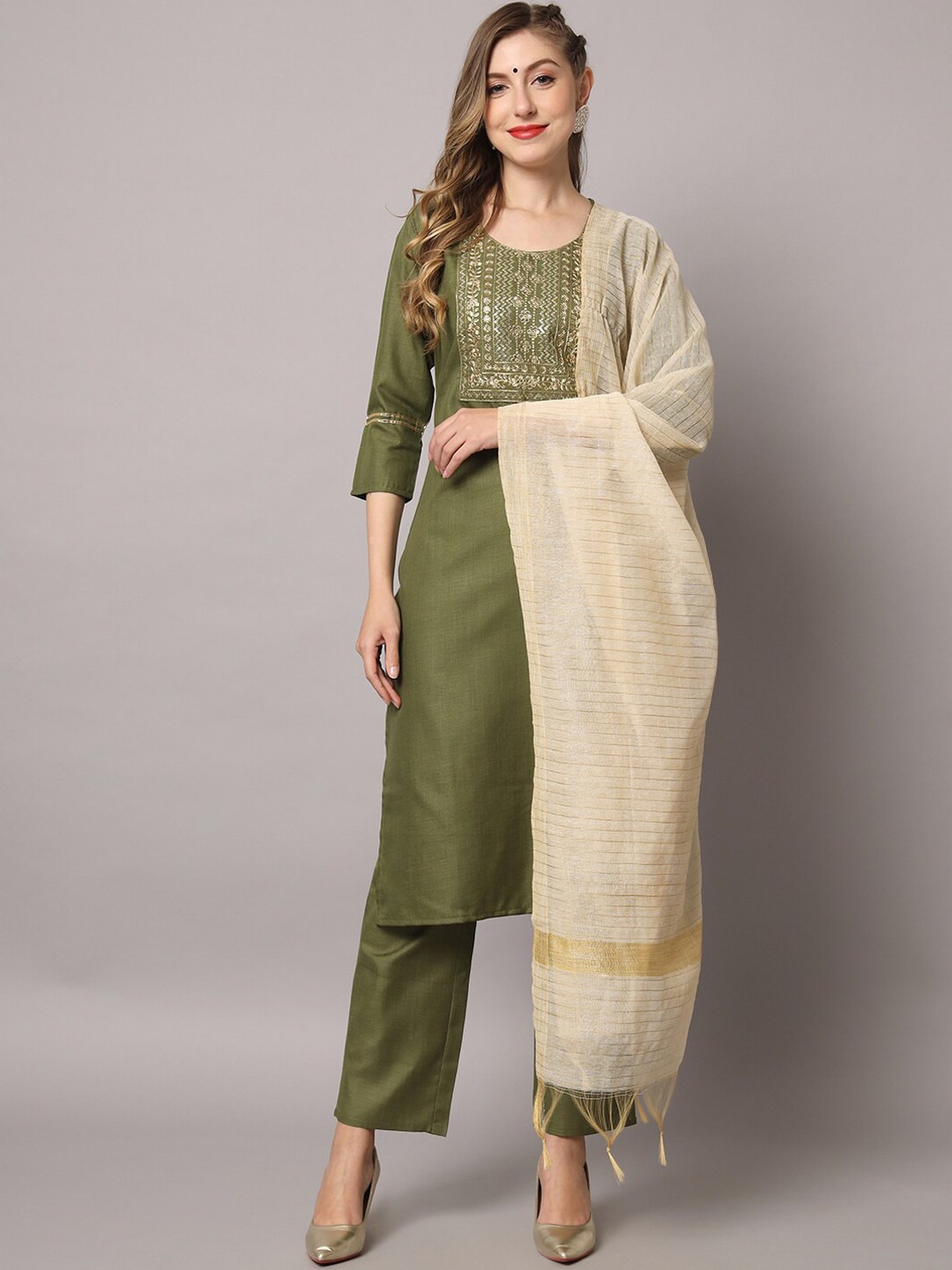 

ZRI Embroidered Sequinned Pure Cotton Kurta with Trousers & Dupatta, Olive