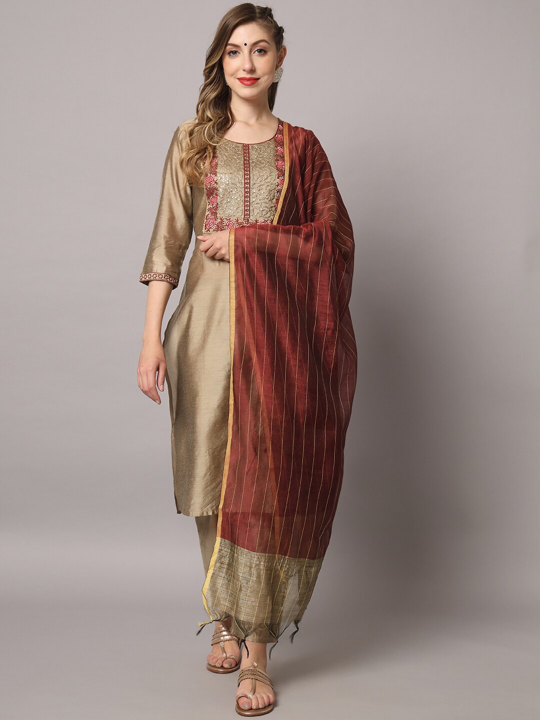 

ZRI Floral Embroidered Sequinned Kurta with Trousers & Dupatta, Tan