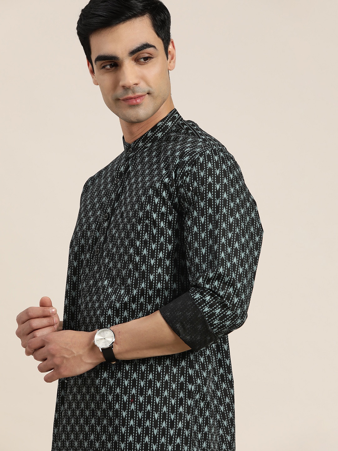 

Hancock Ikat Printed Pure Cotton Straight Kurta, Black