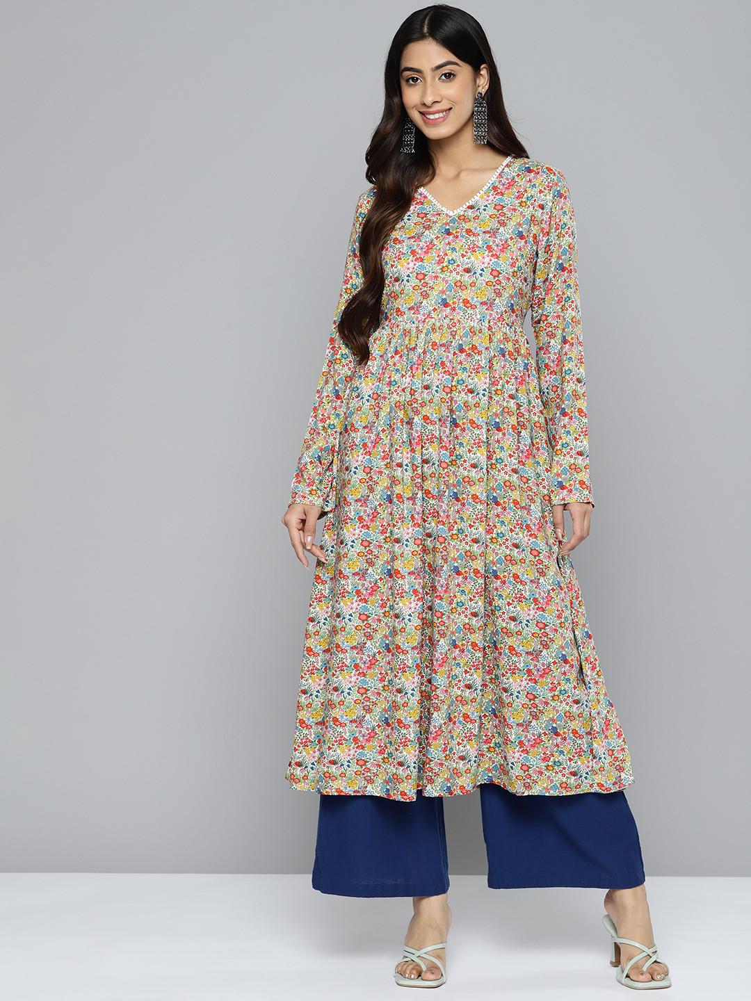 

HERE&NOW Floral Printed Gathered Detail Calf Length A-Line Kurta, Multi