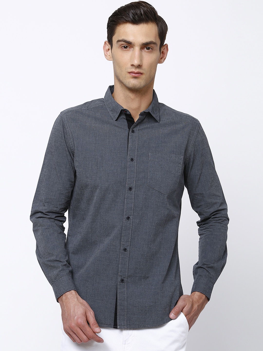 

Black coffee Men Charcoal Grey Slim Fit Solid Casual Shirt