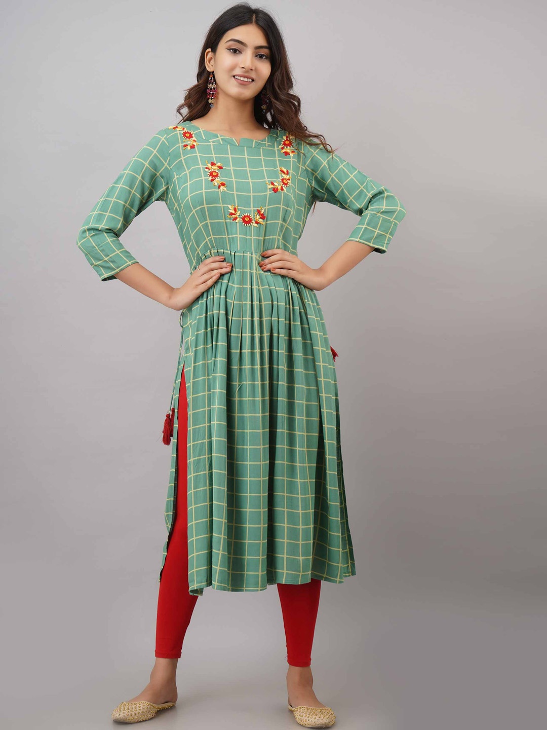 

Pankvi Checked Thread Work Anarkali Kurta, Green