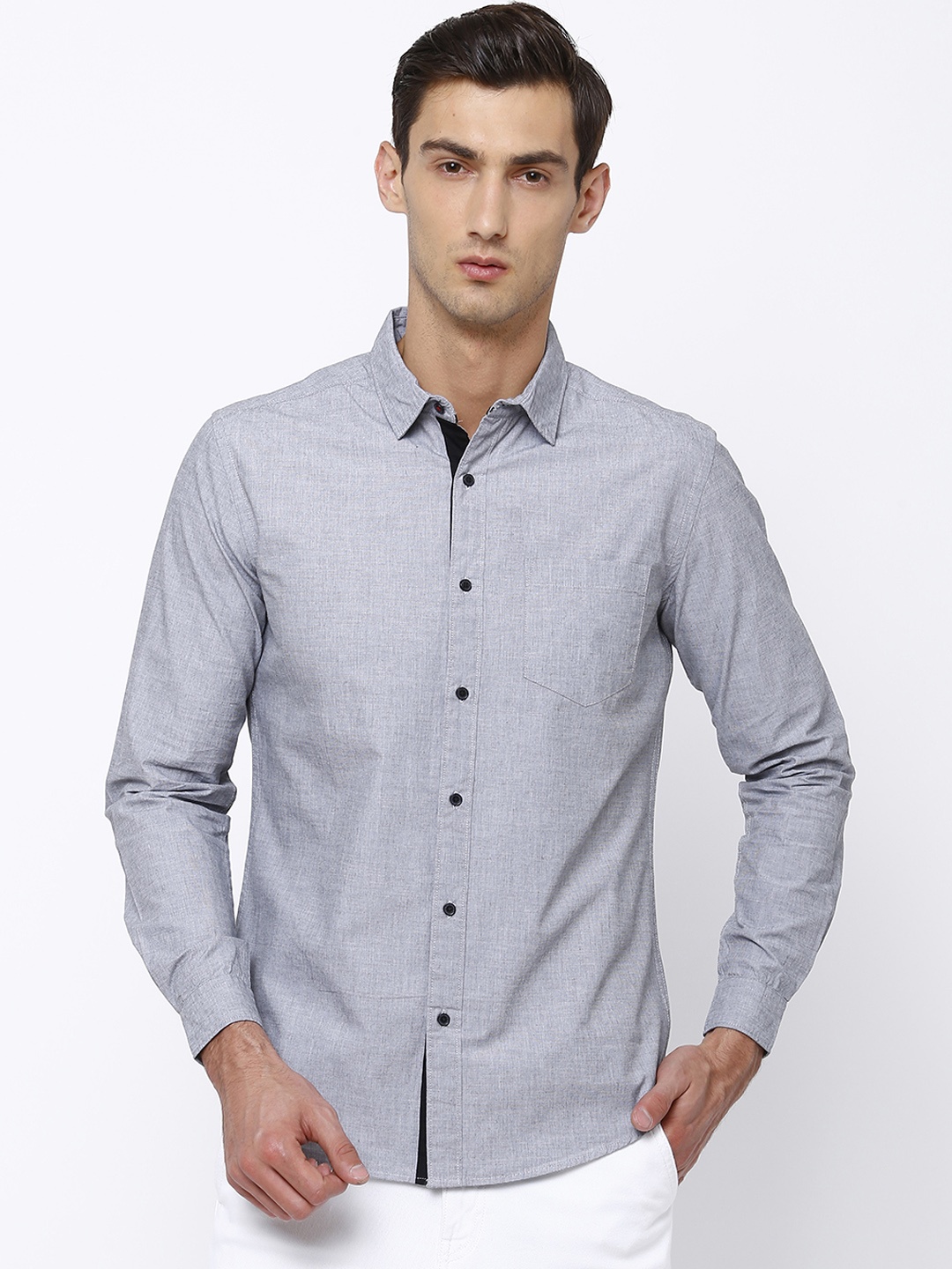 

Black coffee Men Grey Slim Fit Solid Casual Shirt