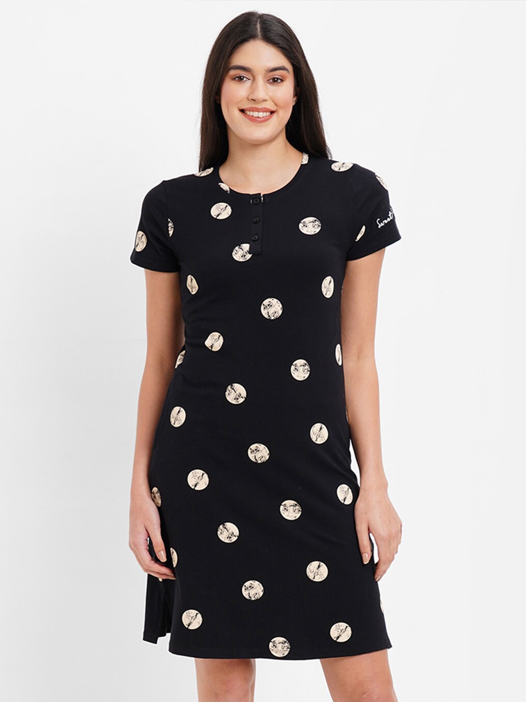 

Sweet Dreams Polka Dots Printed Nightdress, Black