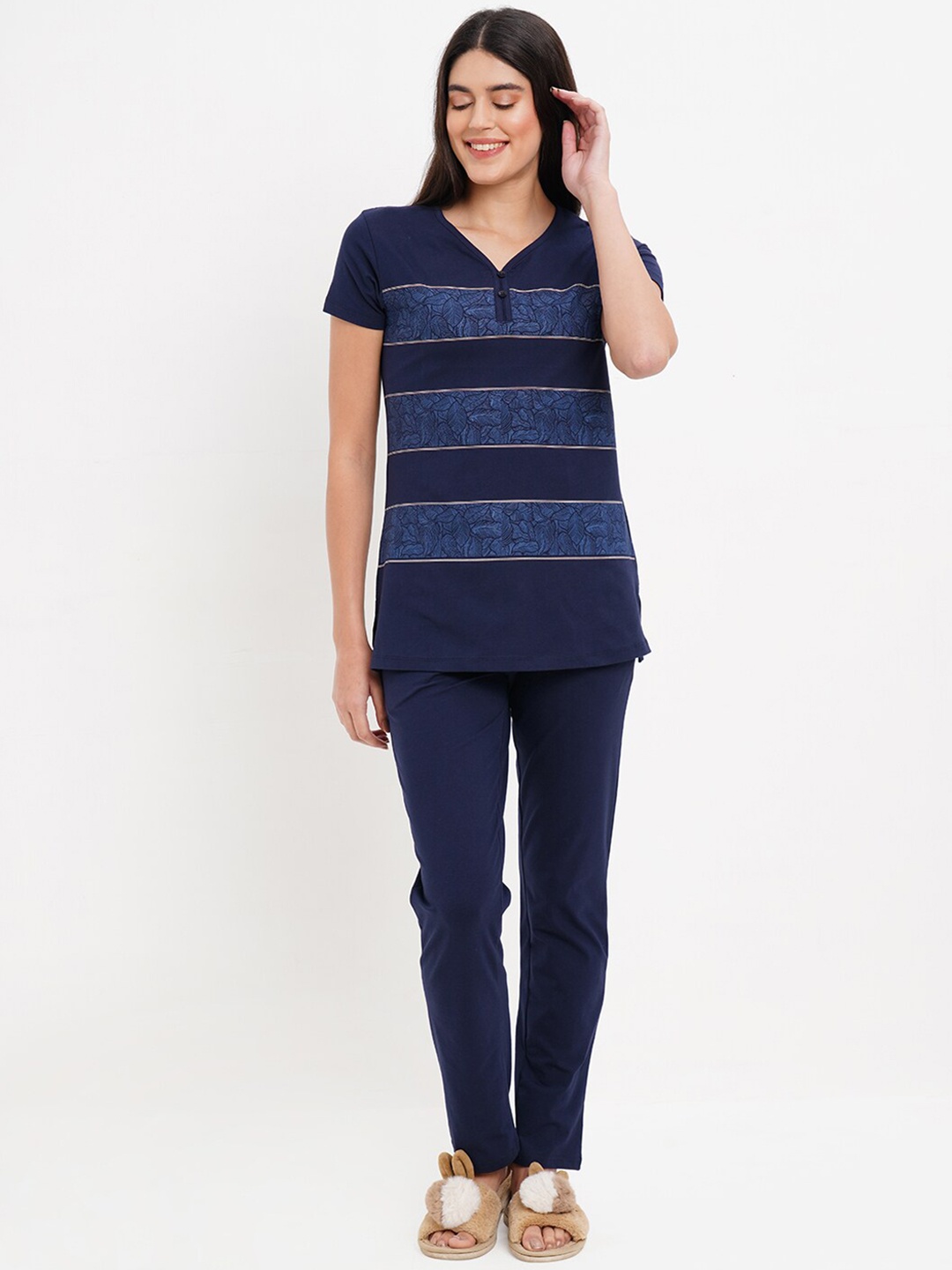 

Sweet Dreams Women Striped Night Suit, Navy blue