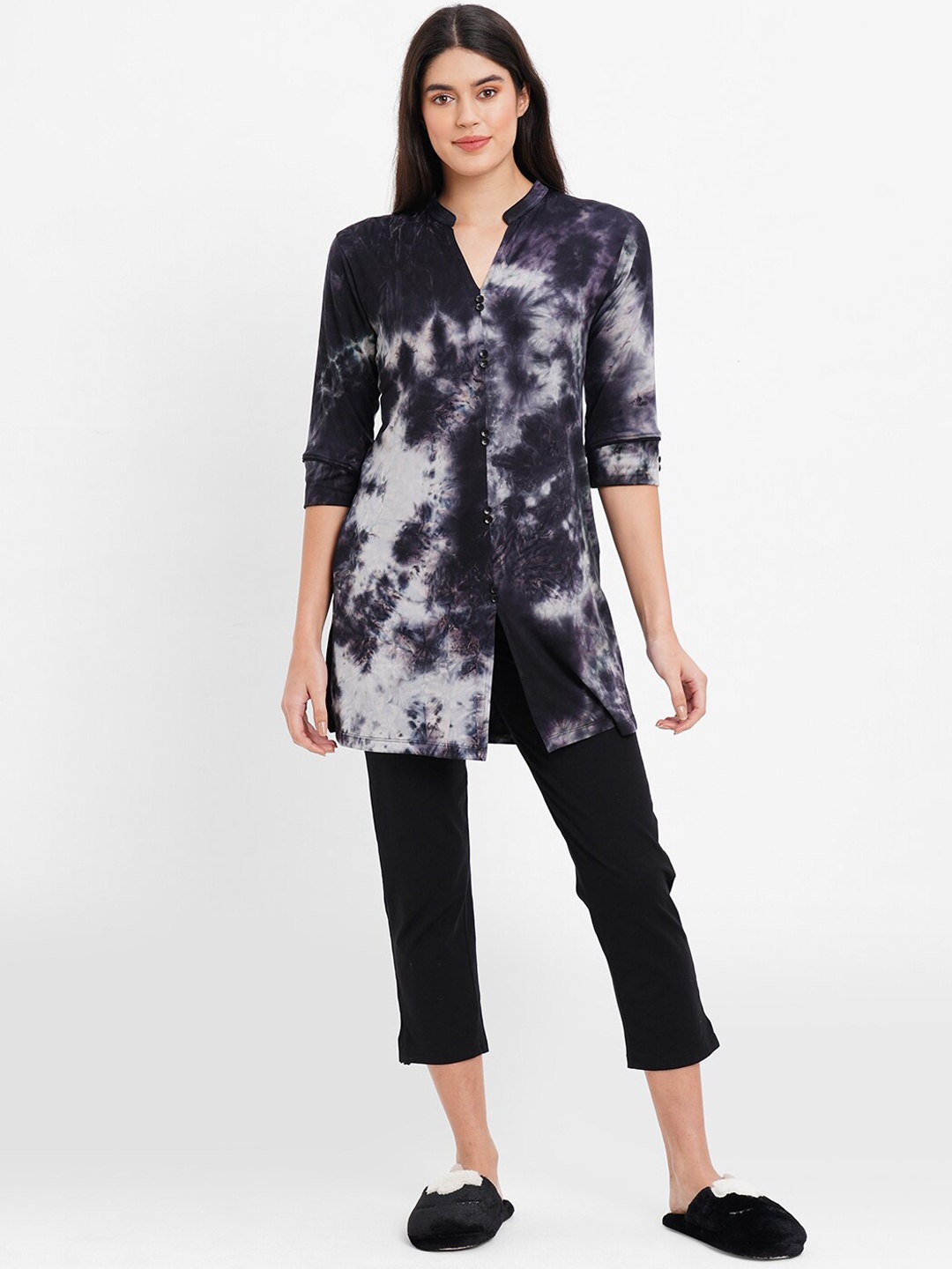 

Sweet Dreams Tie & Dye Printed Pure Cotton Night Suit, Black