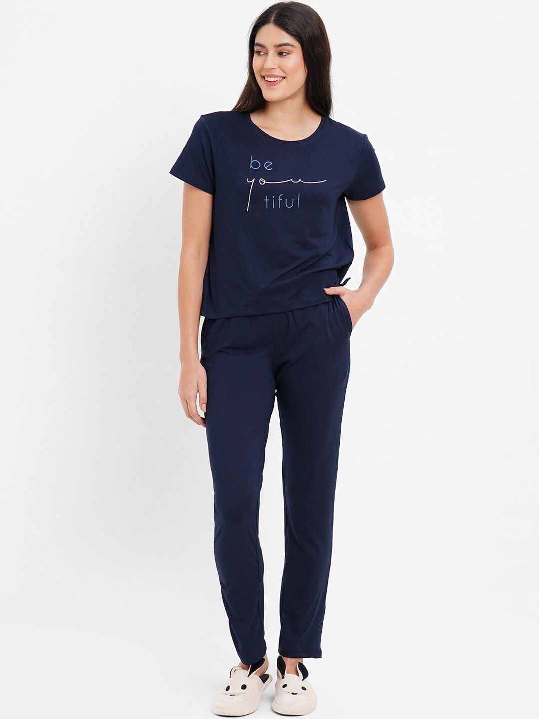 

Sweet Dreams Typography Printed Pure Cotton Night Suit, Navy blue