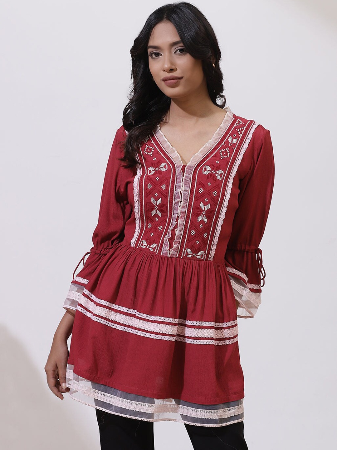 

Lakshita Embroidered Laced Gathered Cotton Tunic, Red