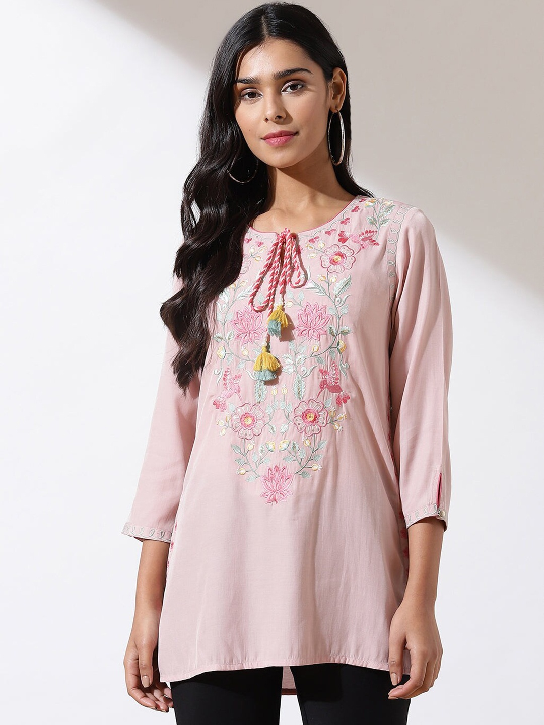 

Lakshita Floral Embroidered Tie-Up Neck Tunic, Pink