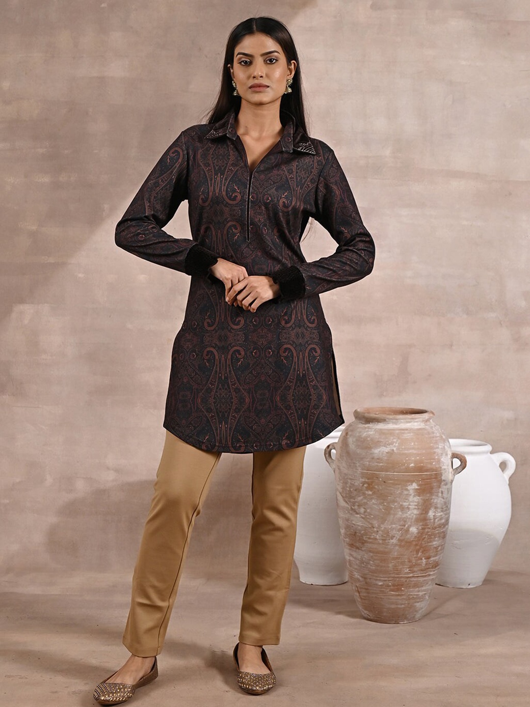 

Lakshita Printed Embroidered Shirt Collar Tunic, Black
