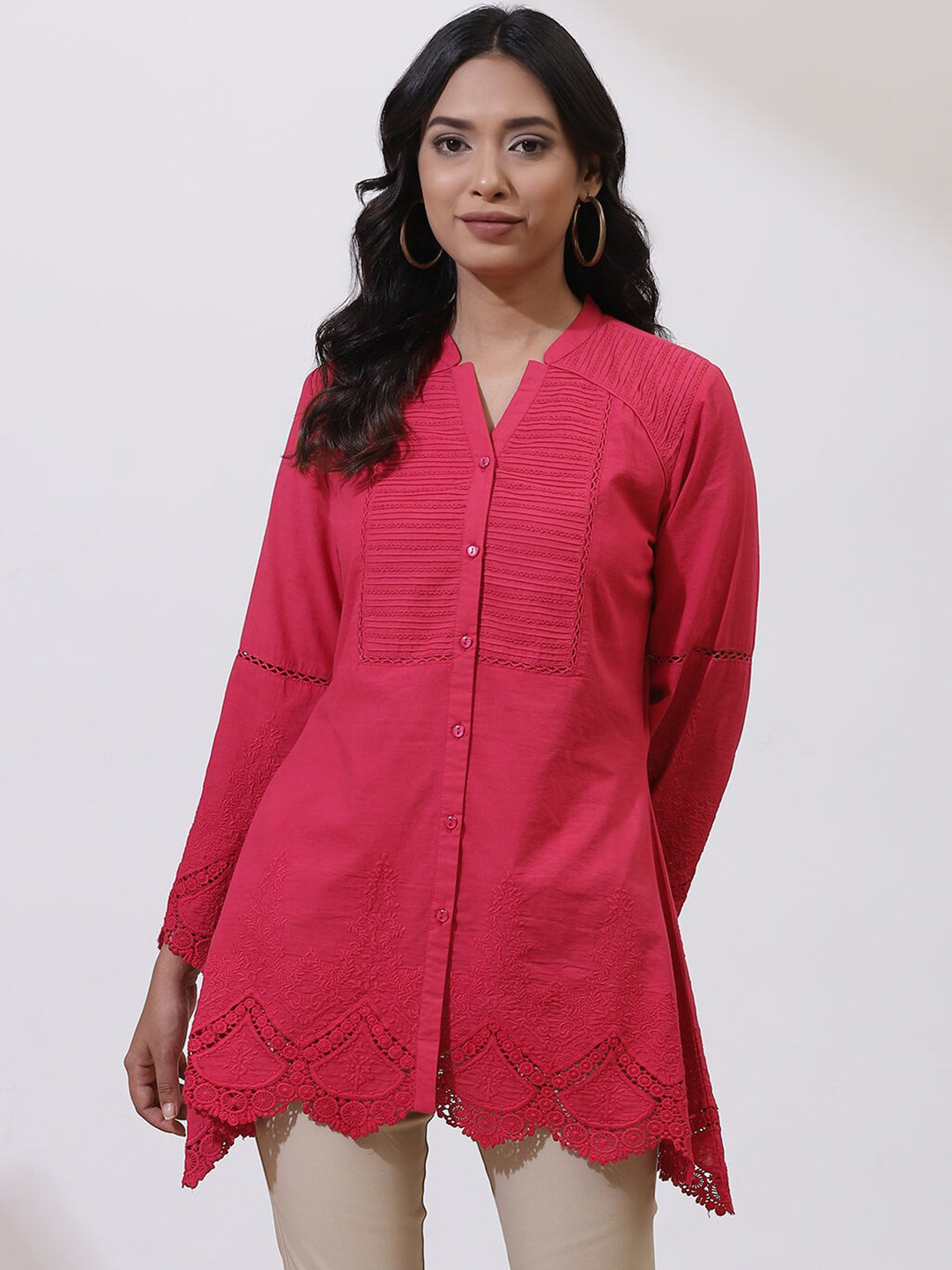 

Lakshita Embroidered Pure Cotton Band Collar Tunic, Pink