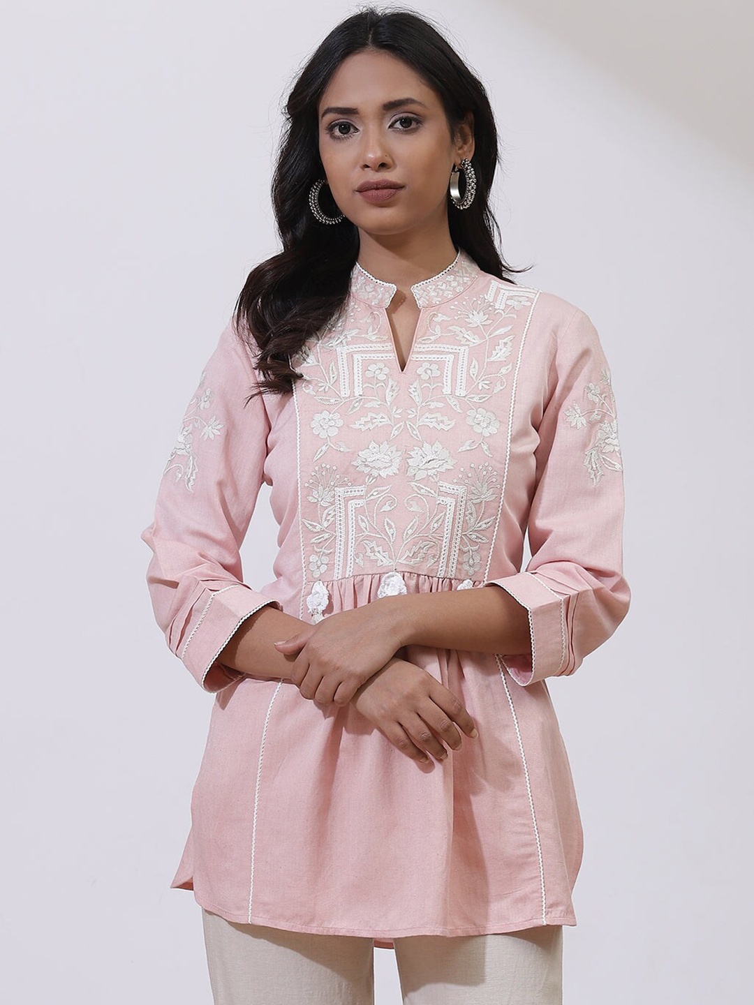 

Lakshita Floral Embroidered Mandarin Collar Tunic, Pink