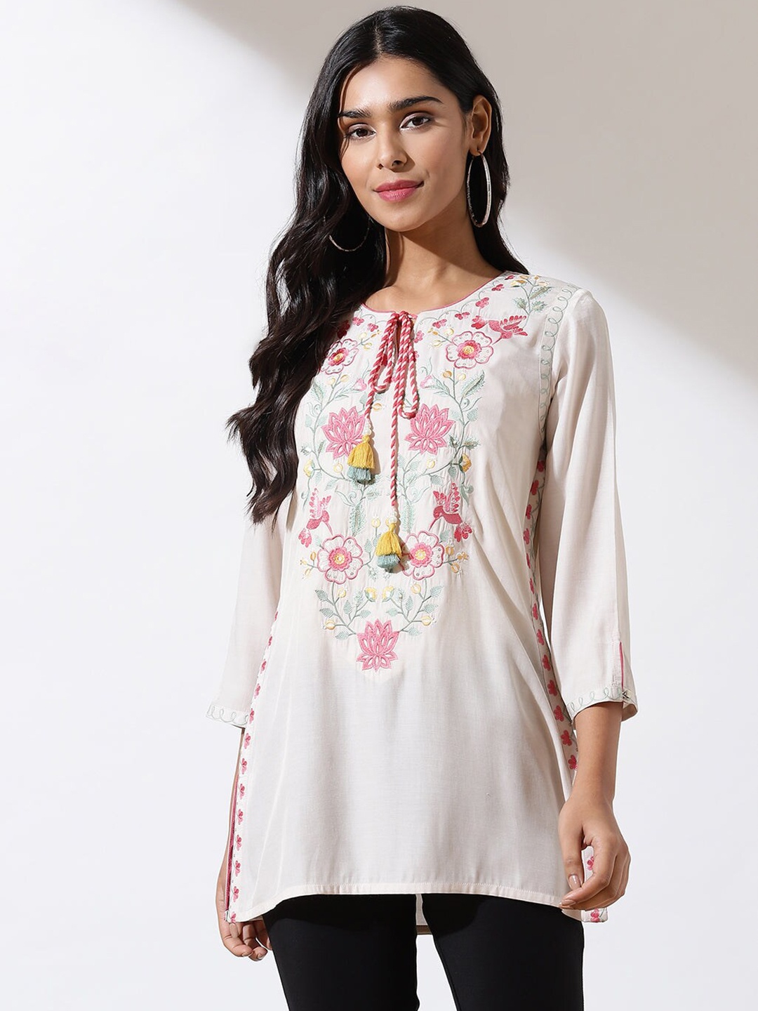 

Lakshita Floral Embroidered Tie-Up Neck Tunic, White
