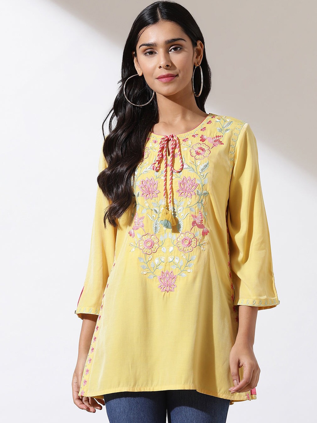 

Lakshita Floral Embroidered Tie-Up Neck Tunic, Yellow