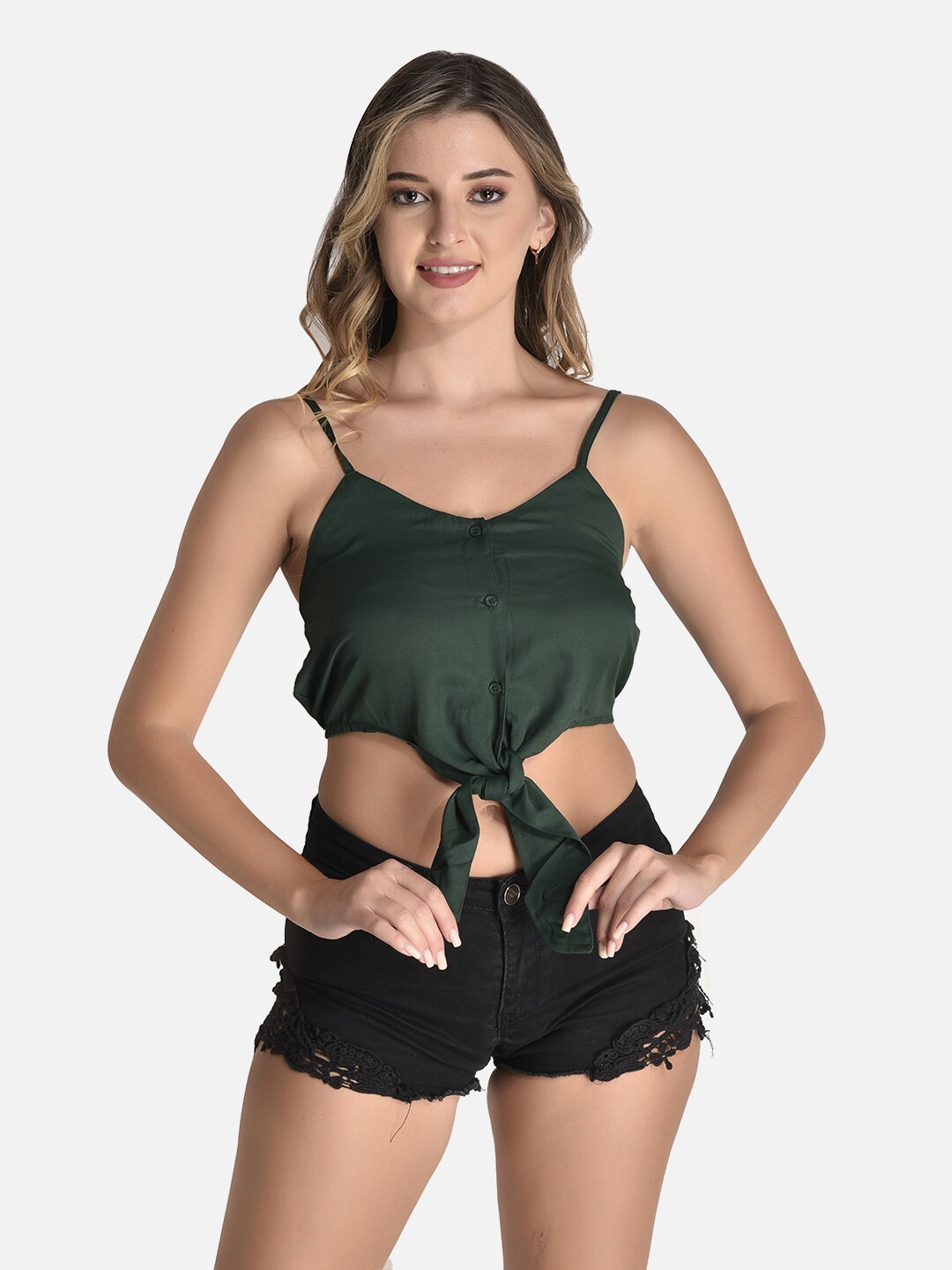 

StyFun Georgette Sleeveless Crop Waist Tie-Ups Top, Green