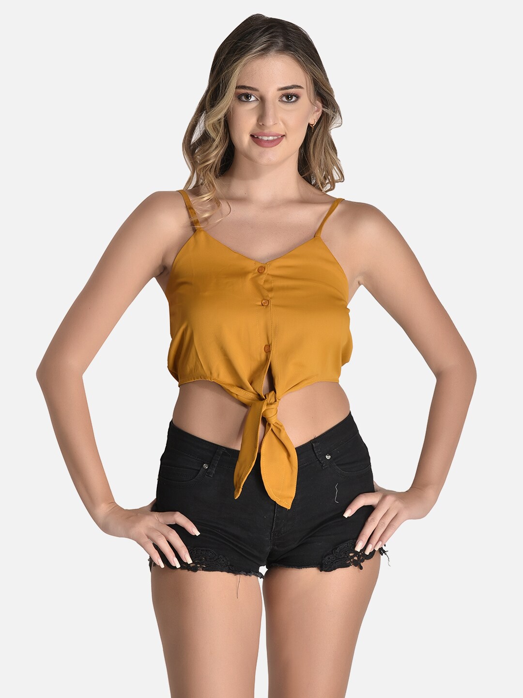 

StyFun Shoulder Straps Tie-Up Georgette Crop Top, Orange