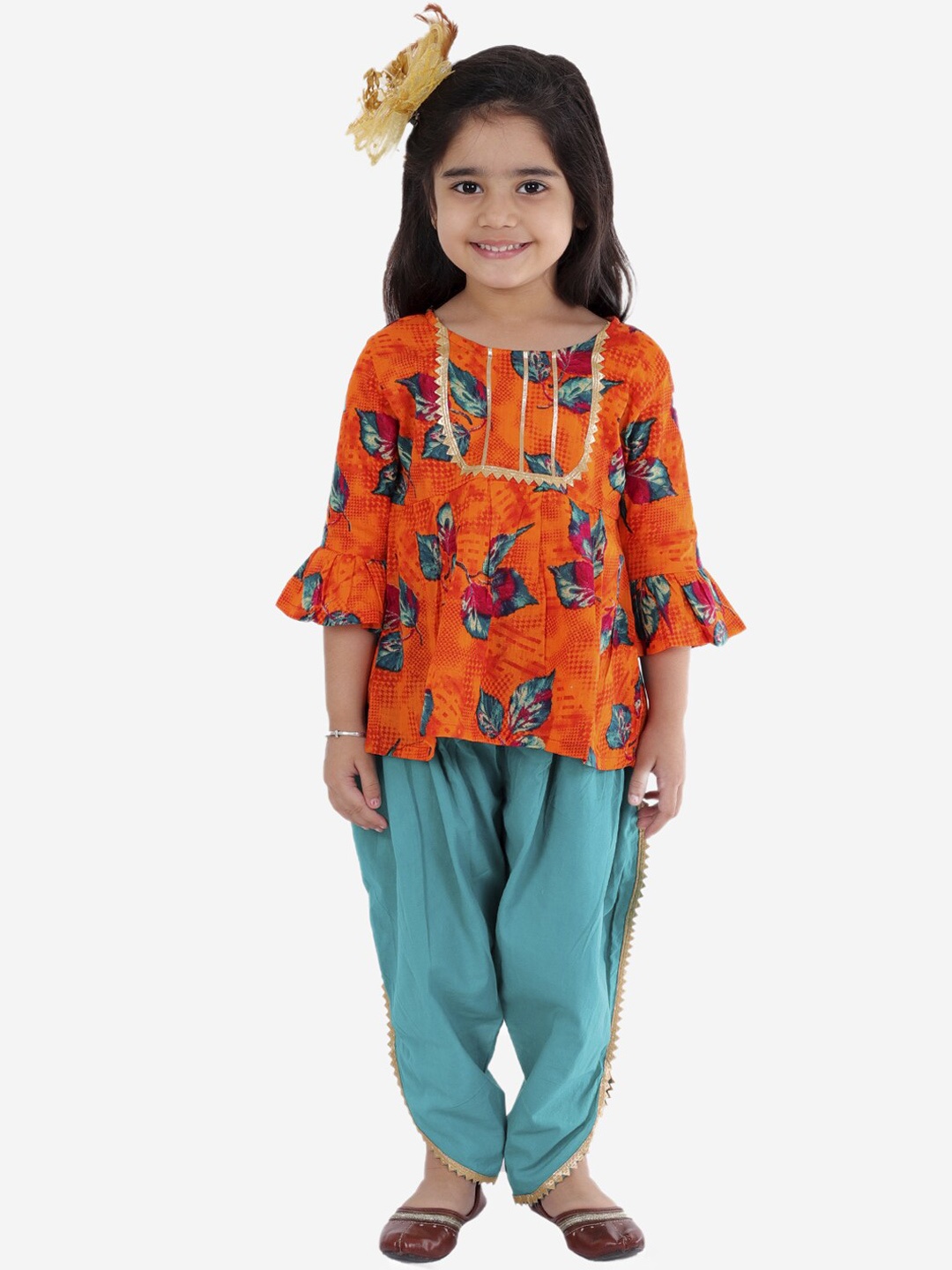 

Superminis Girls Floral Printed Gotta Patti Pure Cotton Kurti With Dhoti Pants, Orange