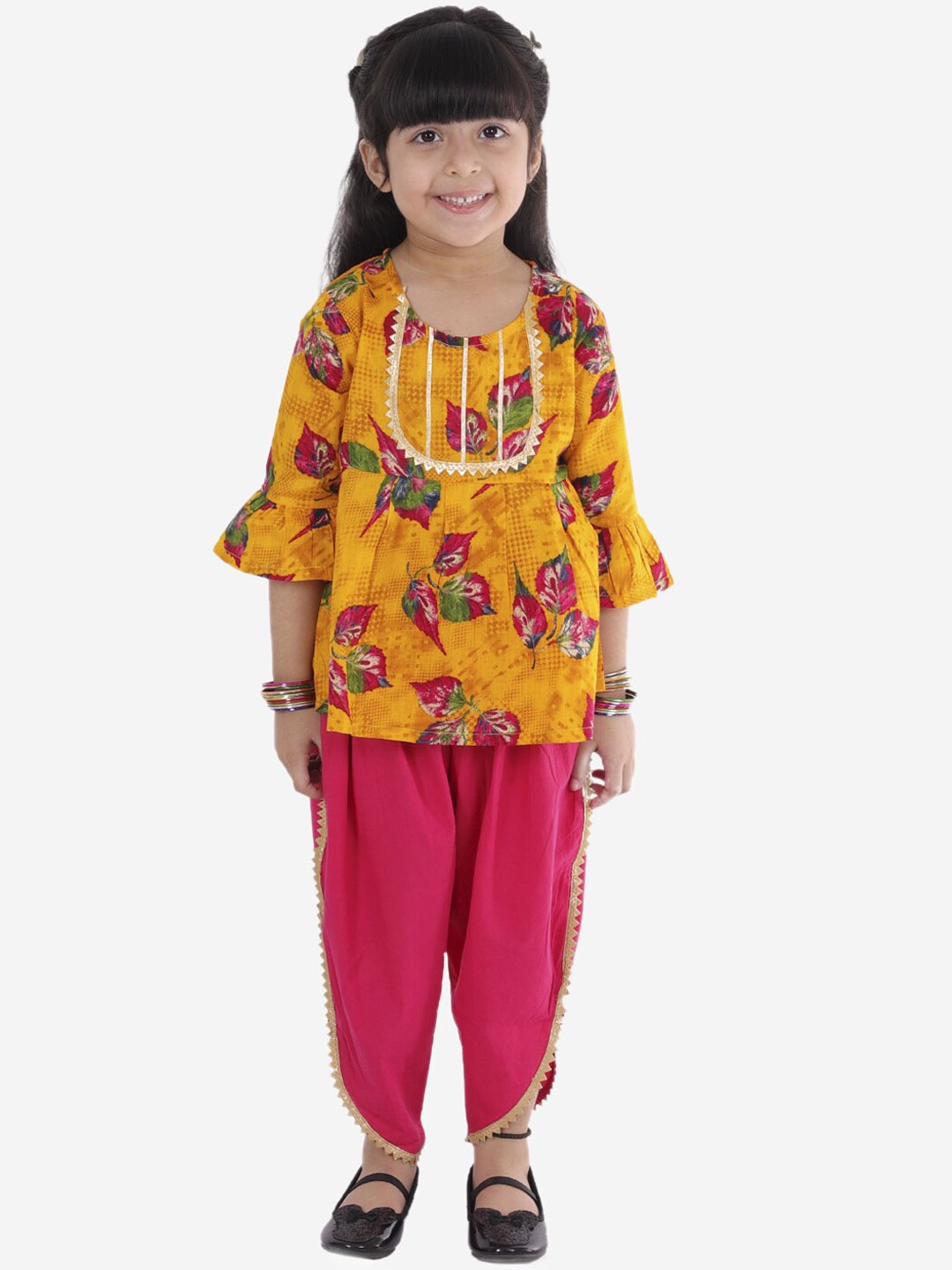 

Superminis Girls Floral Printed Pleated Pure Cotton Kurti with Salwar, Yellow