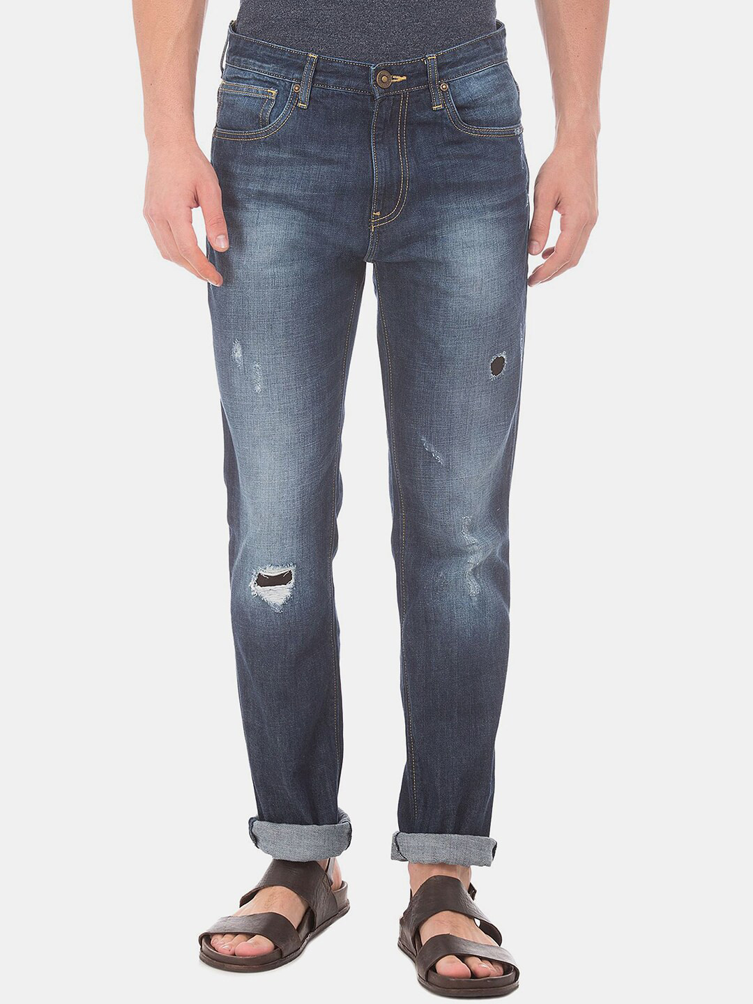 

V-Mart Men Classic Mildly Distressed Ripped Cuffed Hem Heavy Fade Cotton Jeans, Blue