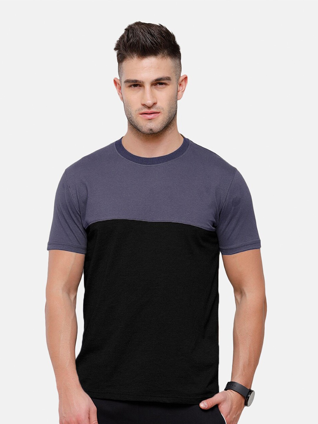 

MADSTO Colourblocked Slim Fit Cotton T-shirt, Blue