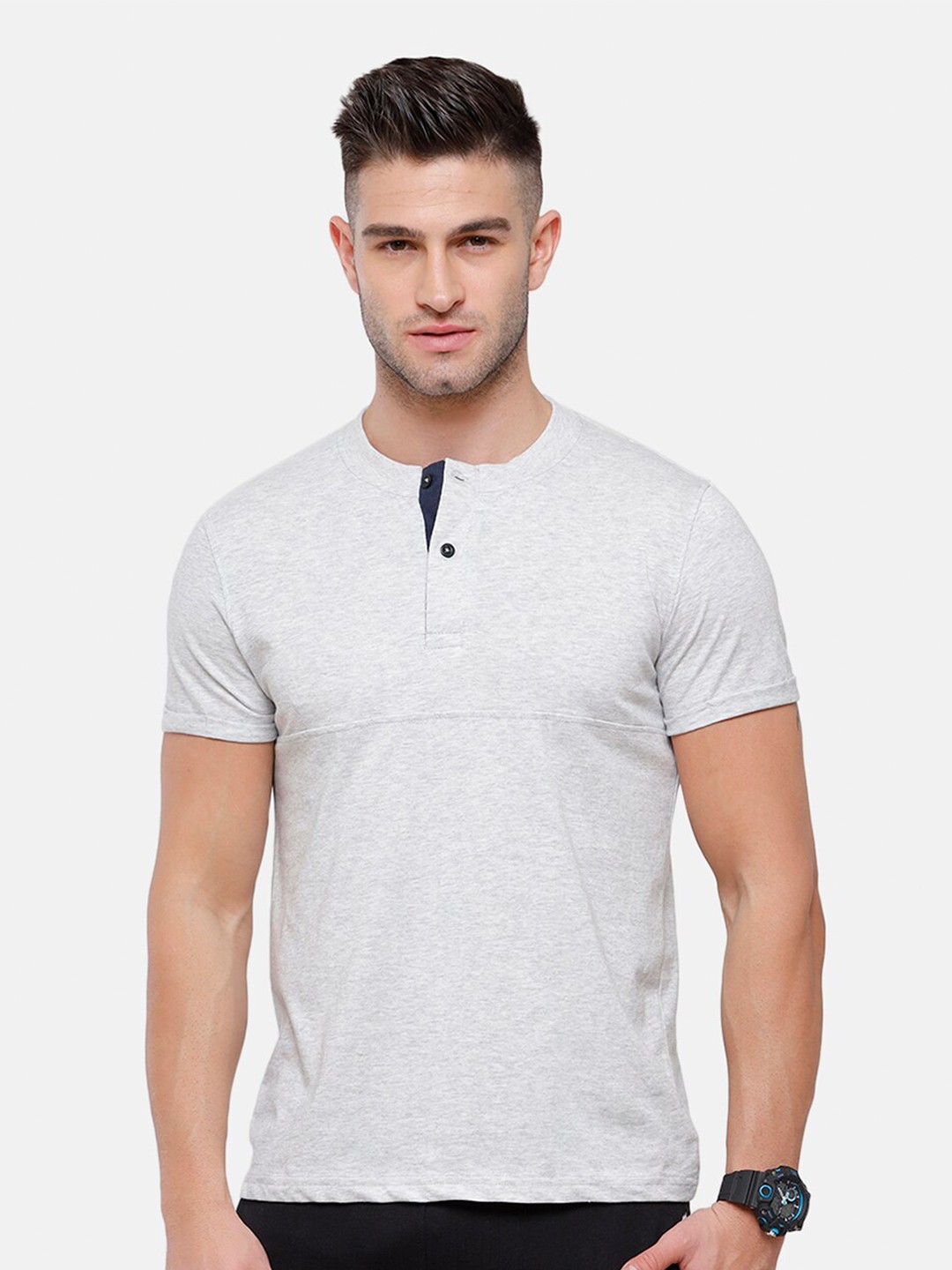 

MADSTO Men Henley Neck Slim Fit Cotton T-shirt, Grey