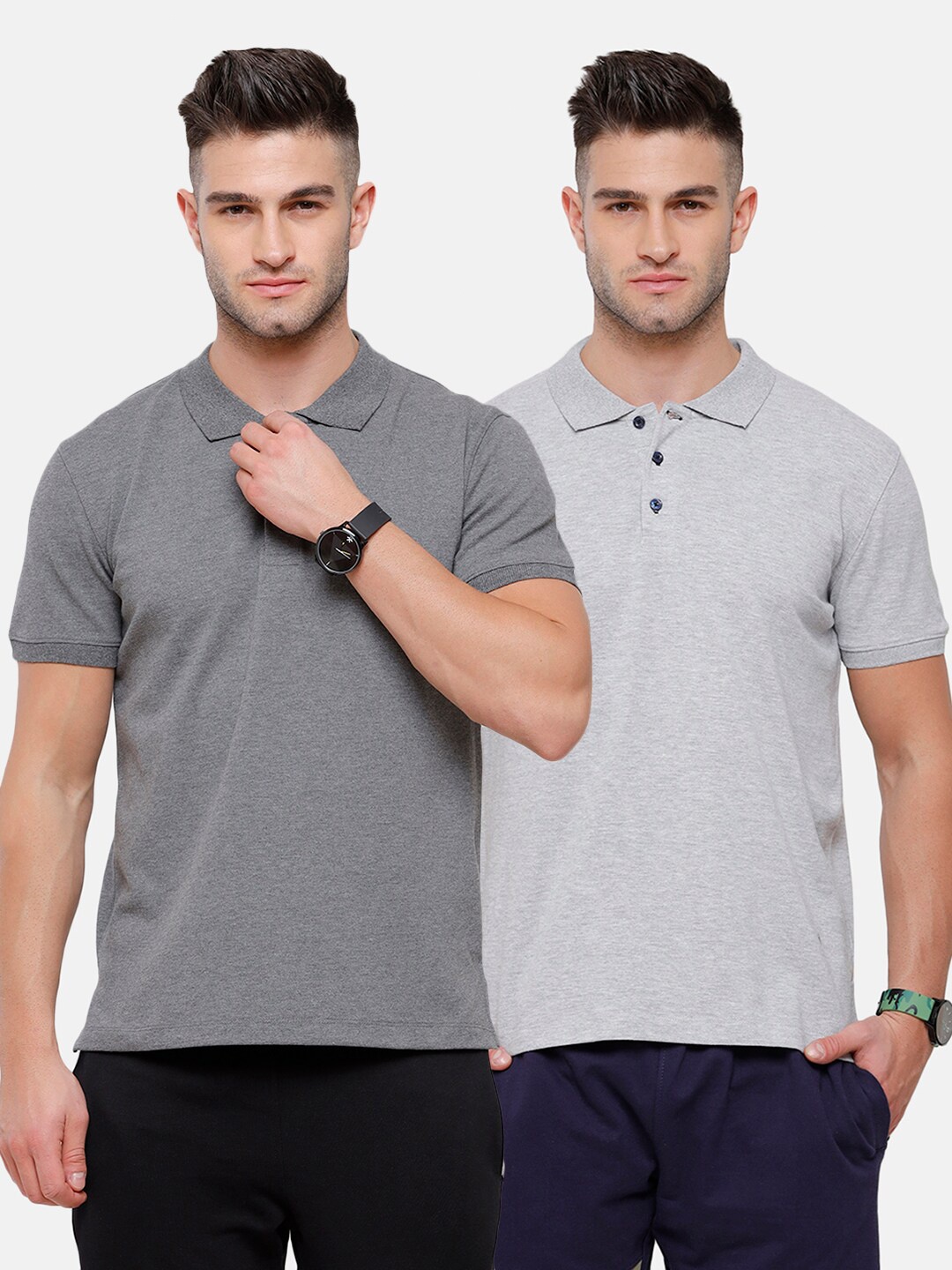 

MADSTO Men Pack Of 2 Polo Collar Slim Fit Cotton T-shirt, Charcoal