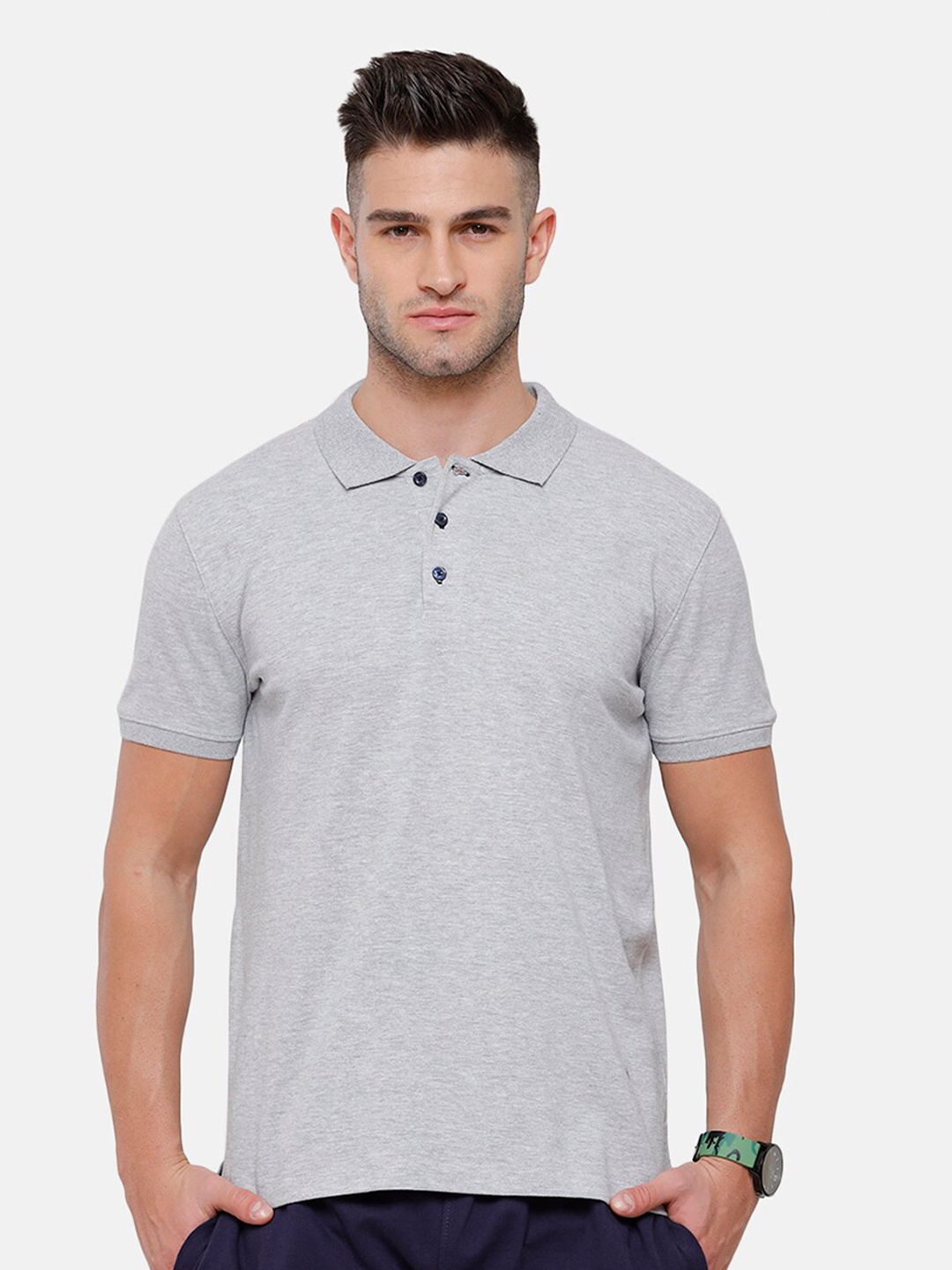

MADSTO Men Polo Collar Slim Fit Cotton T-shirt, Grey