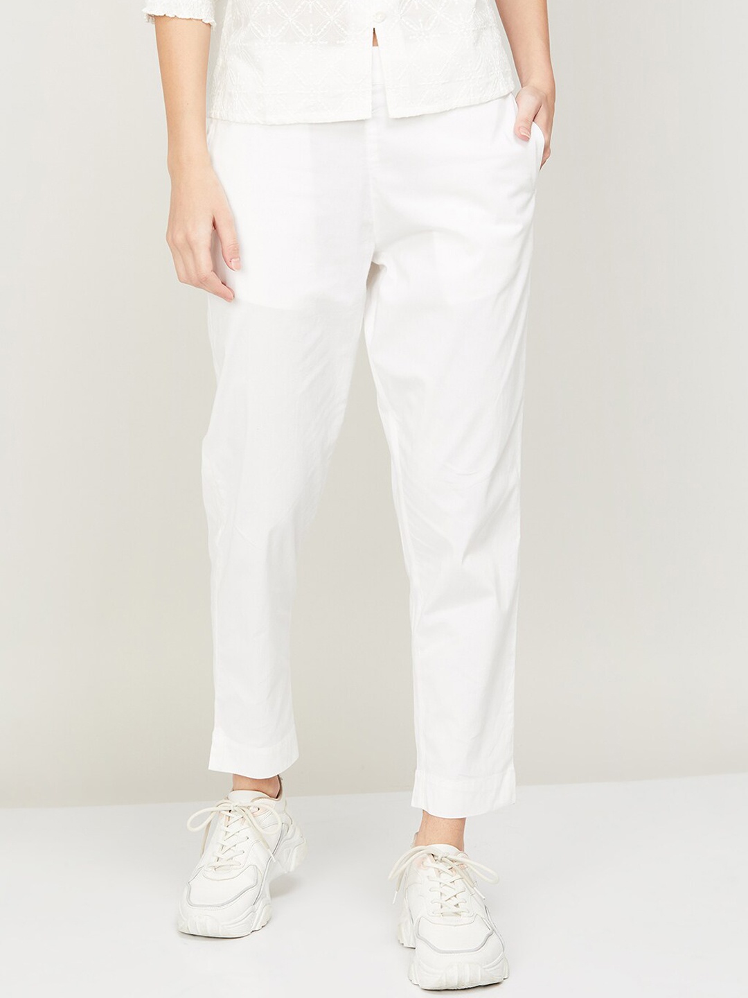 

Colour Me by Melange Women Mid Rise Knitted Cotton Trousers, White