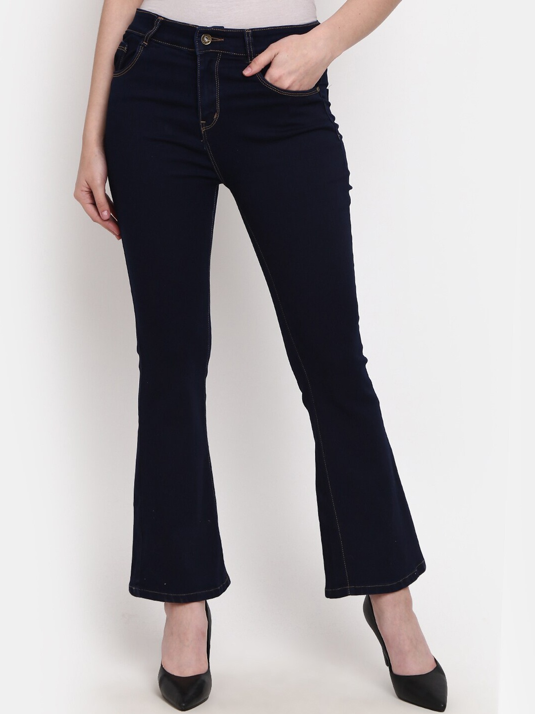 

V-Mart Women High Rise Dark Shade Cotton Classic Boot Cut Jeans, Blue