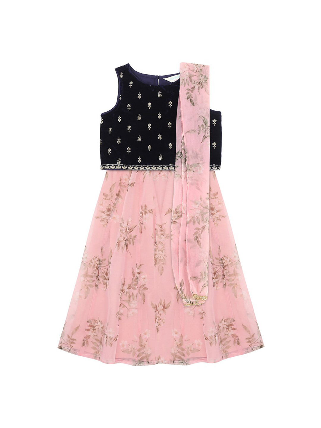

AKKRITI BY PANTALOONS Girls Embroidered Sequinned Lehenga & Blouse With Dupatta, Navy blue