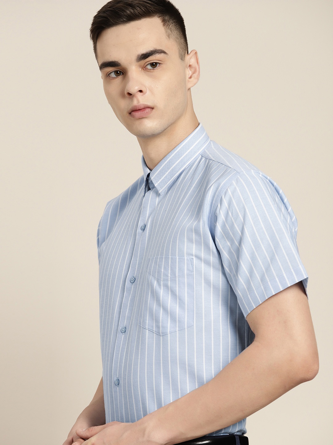 

Hancock Standard Slim Fit Striped Pure Cotton Formal Shirt, Blue
