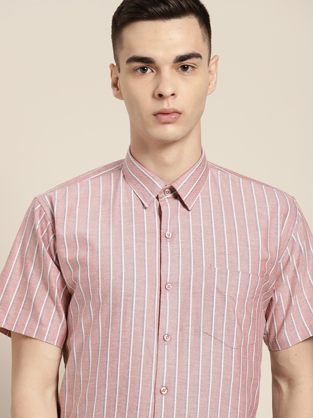 

Hancock Standard Slim Fit Striped Pure Cotton Formal Shirt, Red