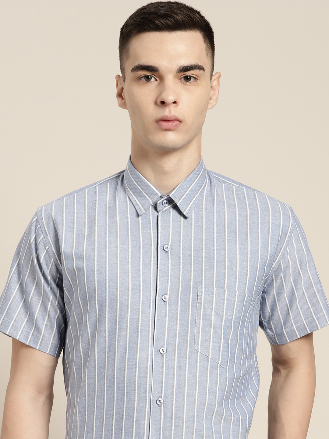 

Hancock Standard Slim Fit Striped Pure Cotton Formal Shirt, Blue
