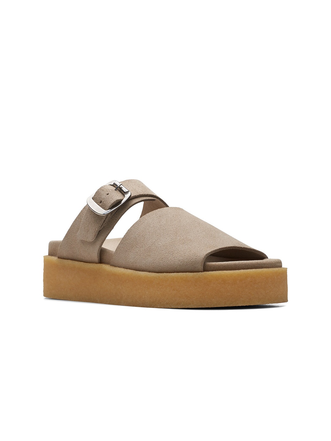 

Clarks Colourblocked Leather Peep Toes with Buckles, Brown