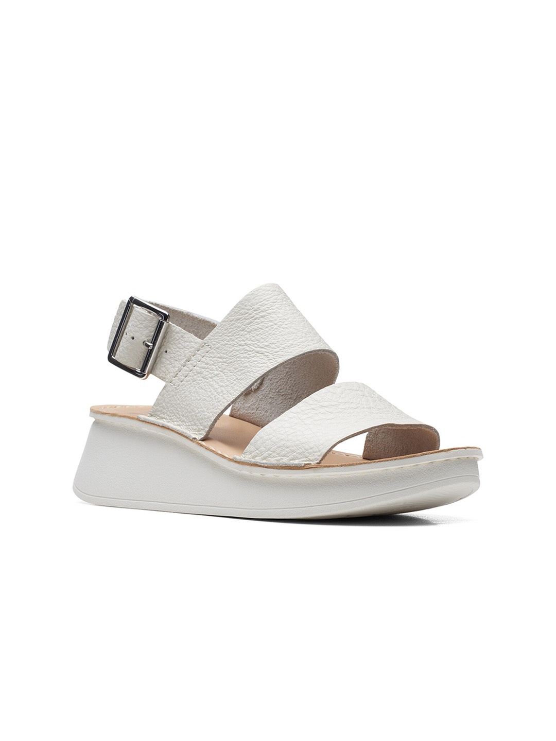 

Clarks Off White Printed Leather Work Wedge Sandals with Buckles