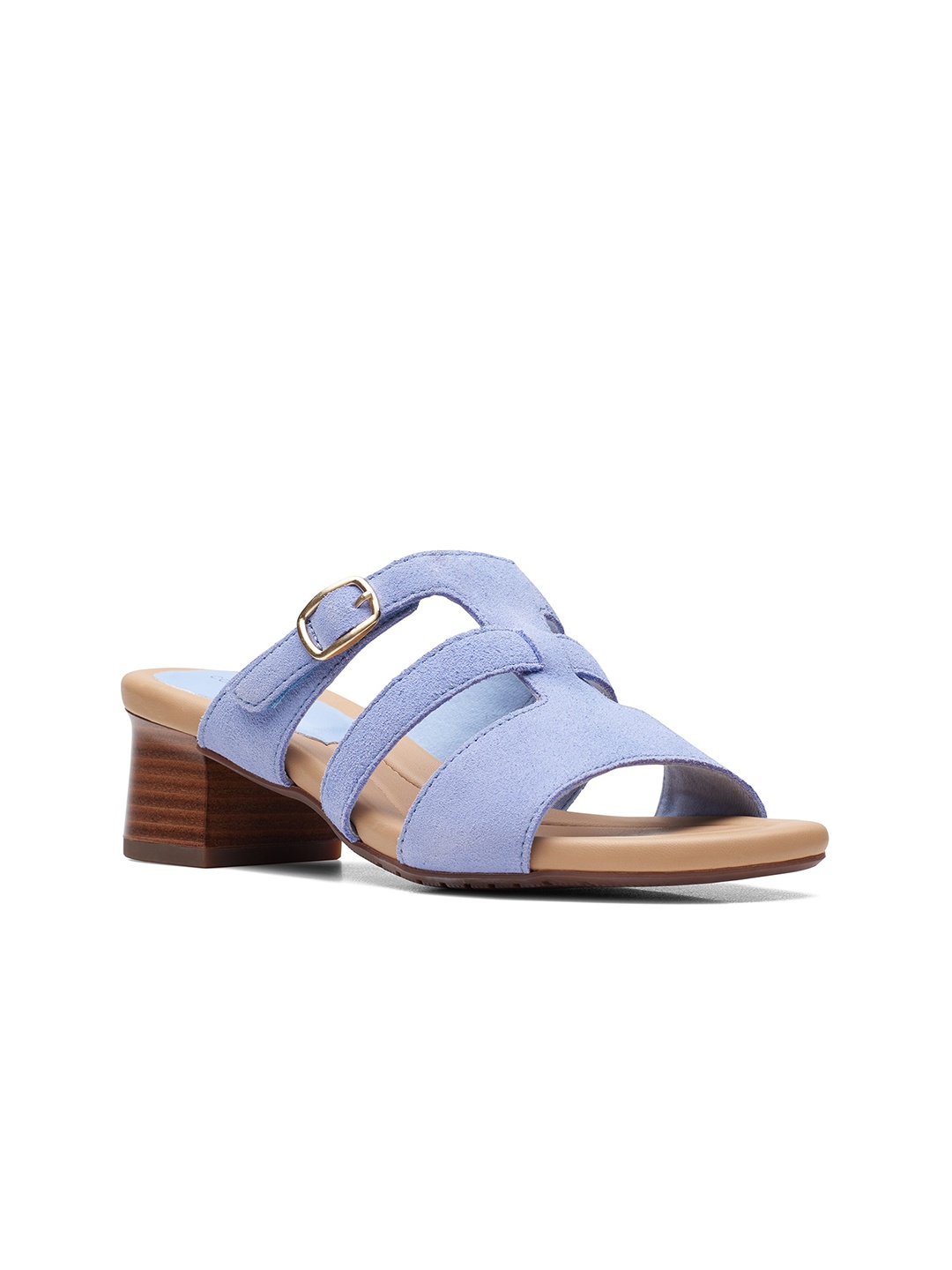 

Clarks Open Toe Block Heels with Buckles, Blue