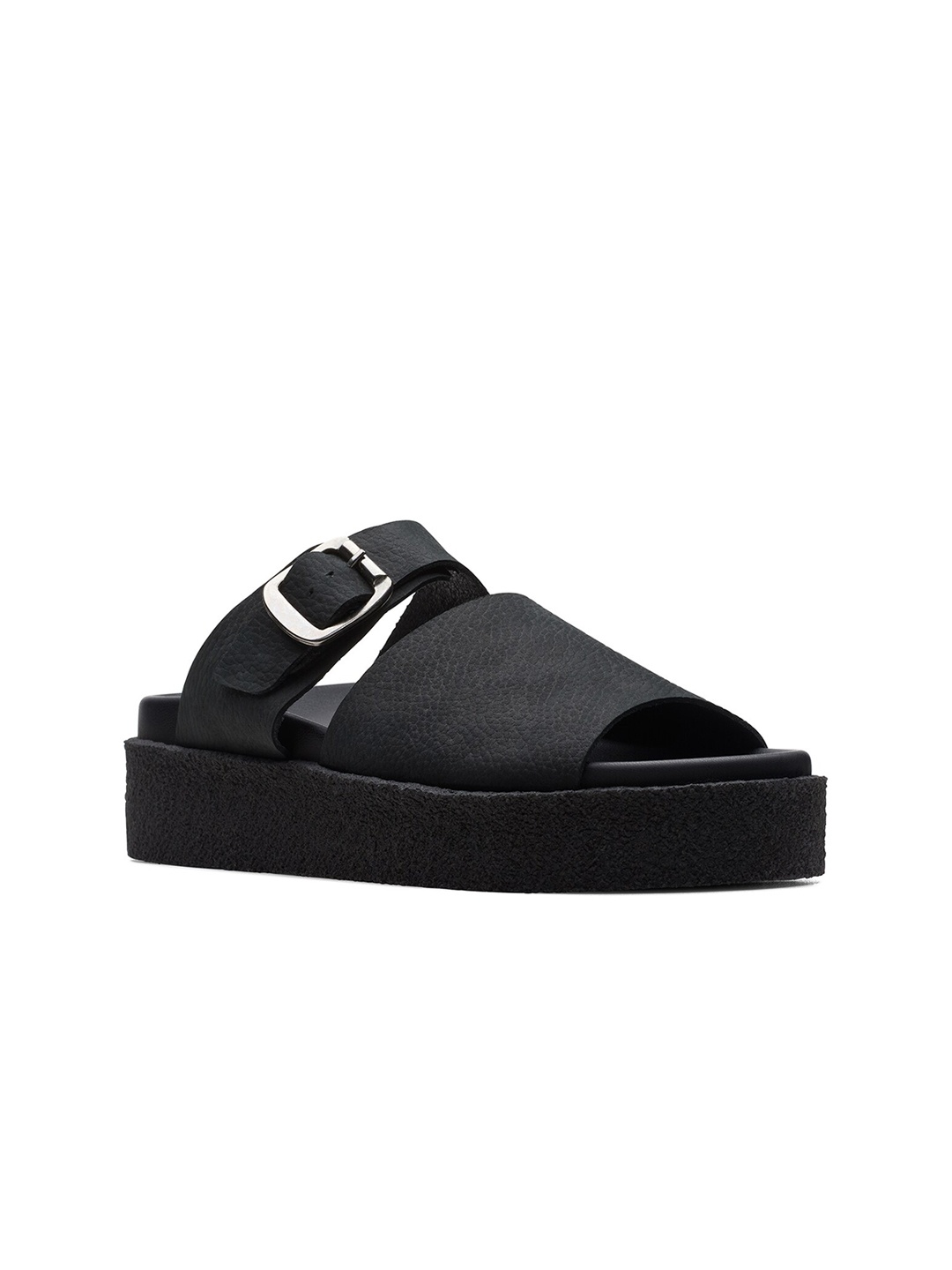 

Clarks Leather Work Peep Toes Flat Form Heels with Buckles, Black