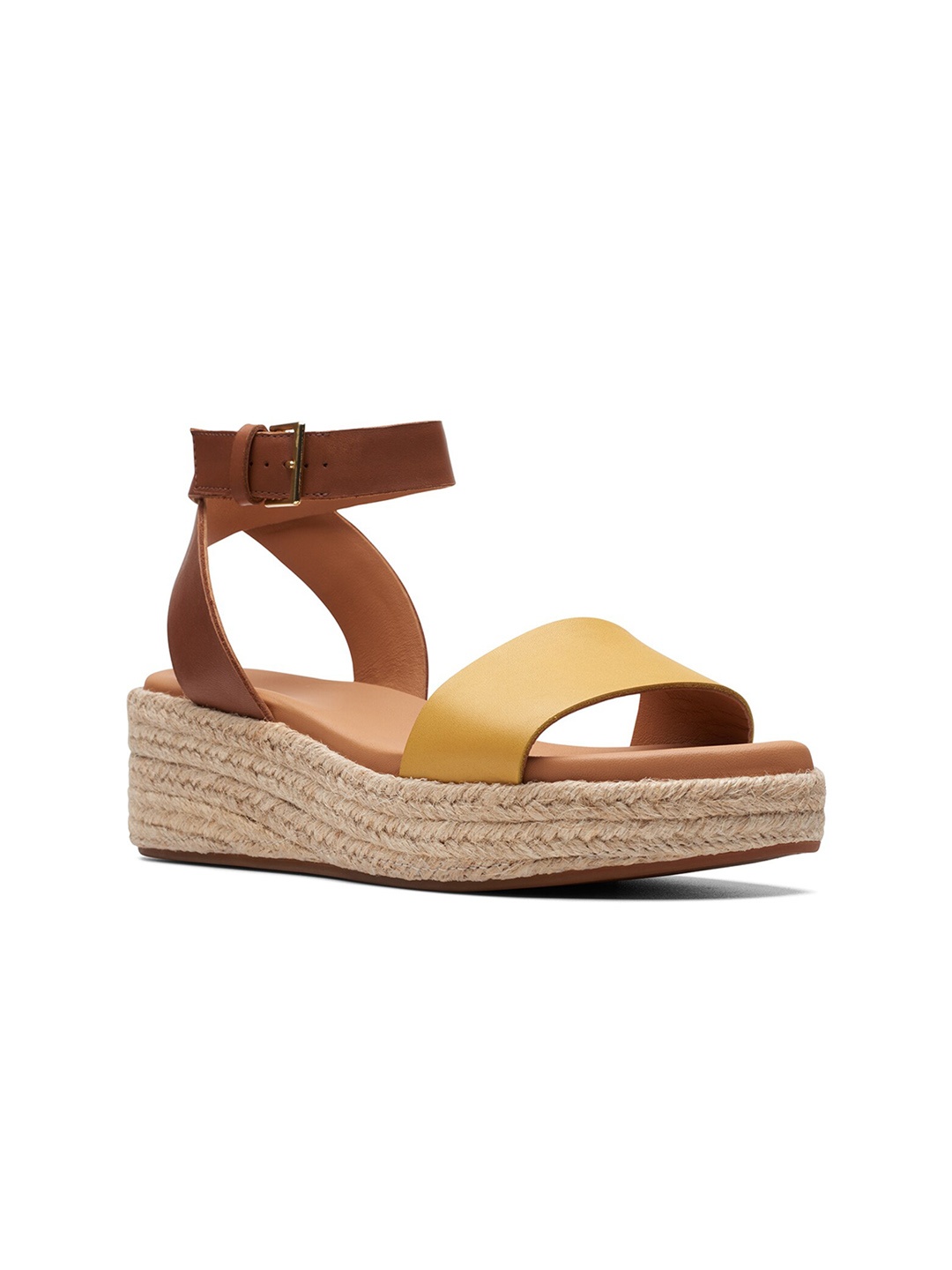

Clarks Leather Work Open Toe Platform Heels with Buckles, Tan