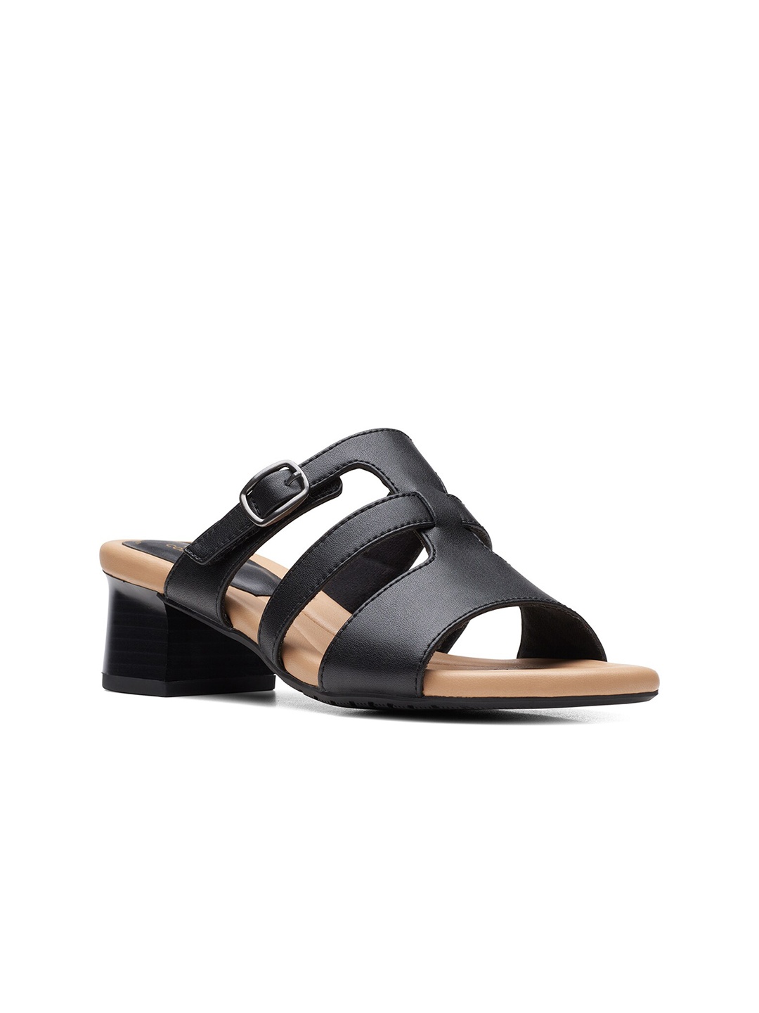 

Clarks Leather Work Round Toe Block Heels with Buckles, Black
