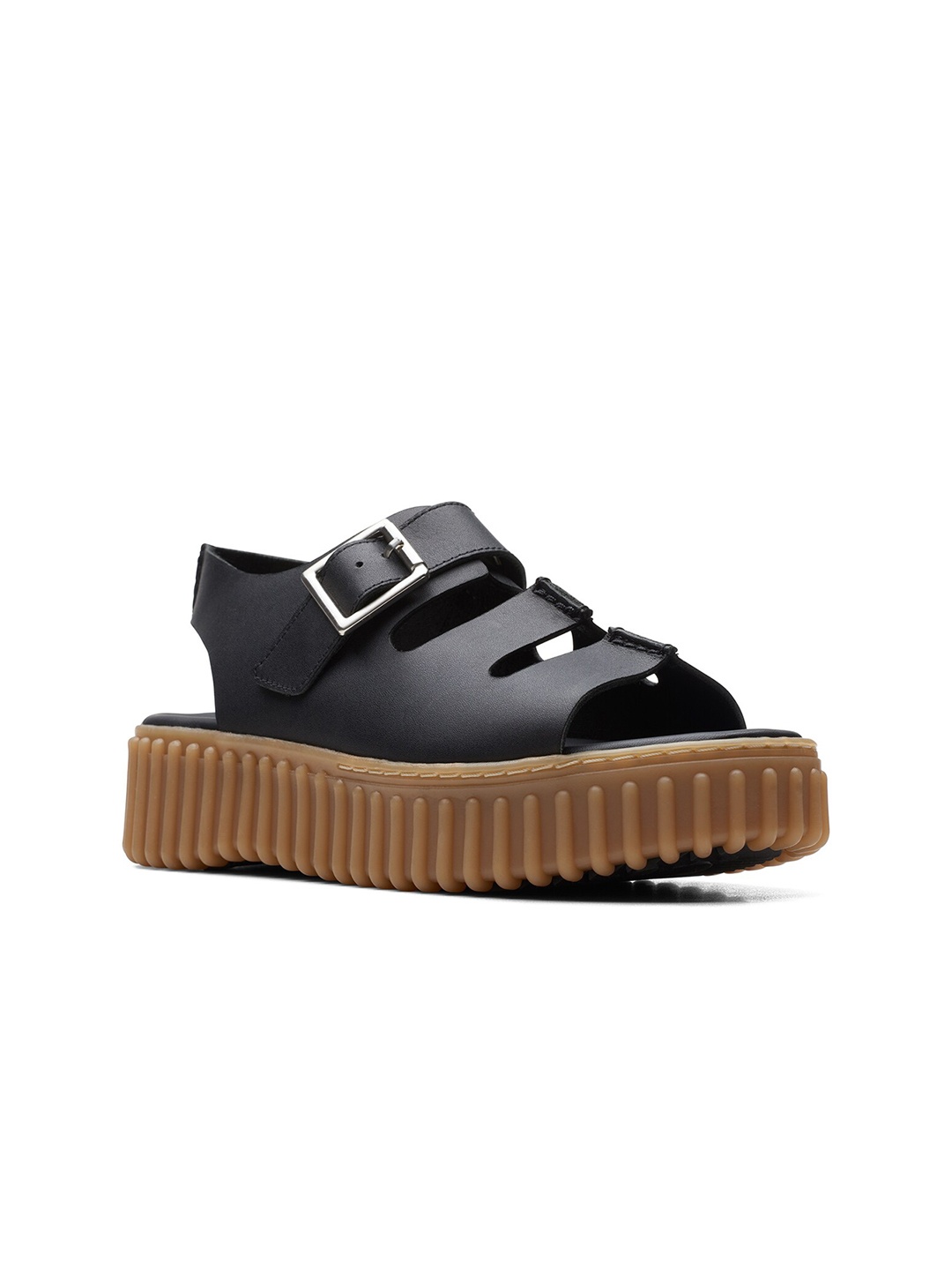 

Clarks Leather Flatform Gladiators with Buckles, Black