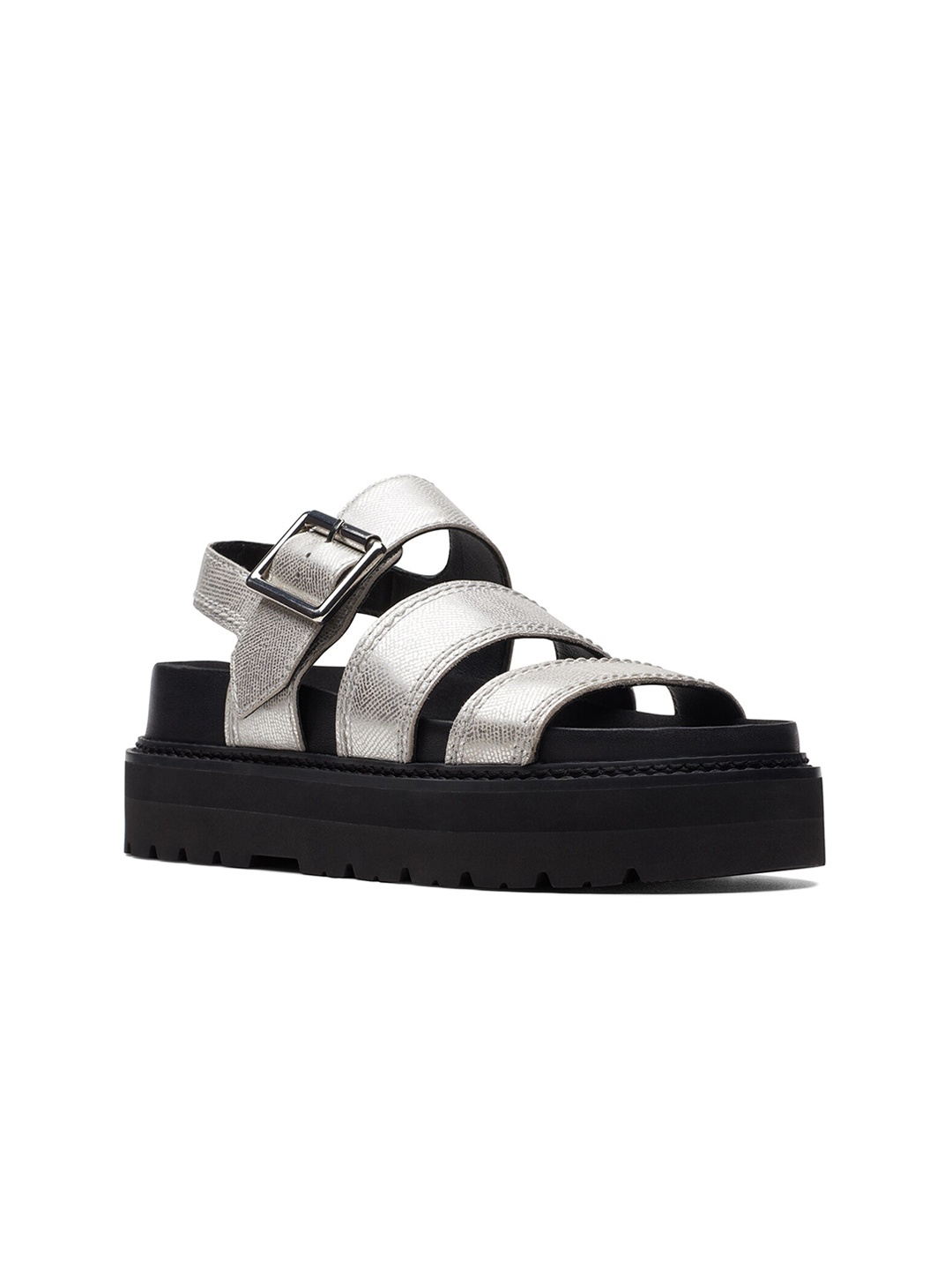 

Clarks Leather Flatform Sandals with Buckles, Silver