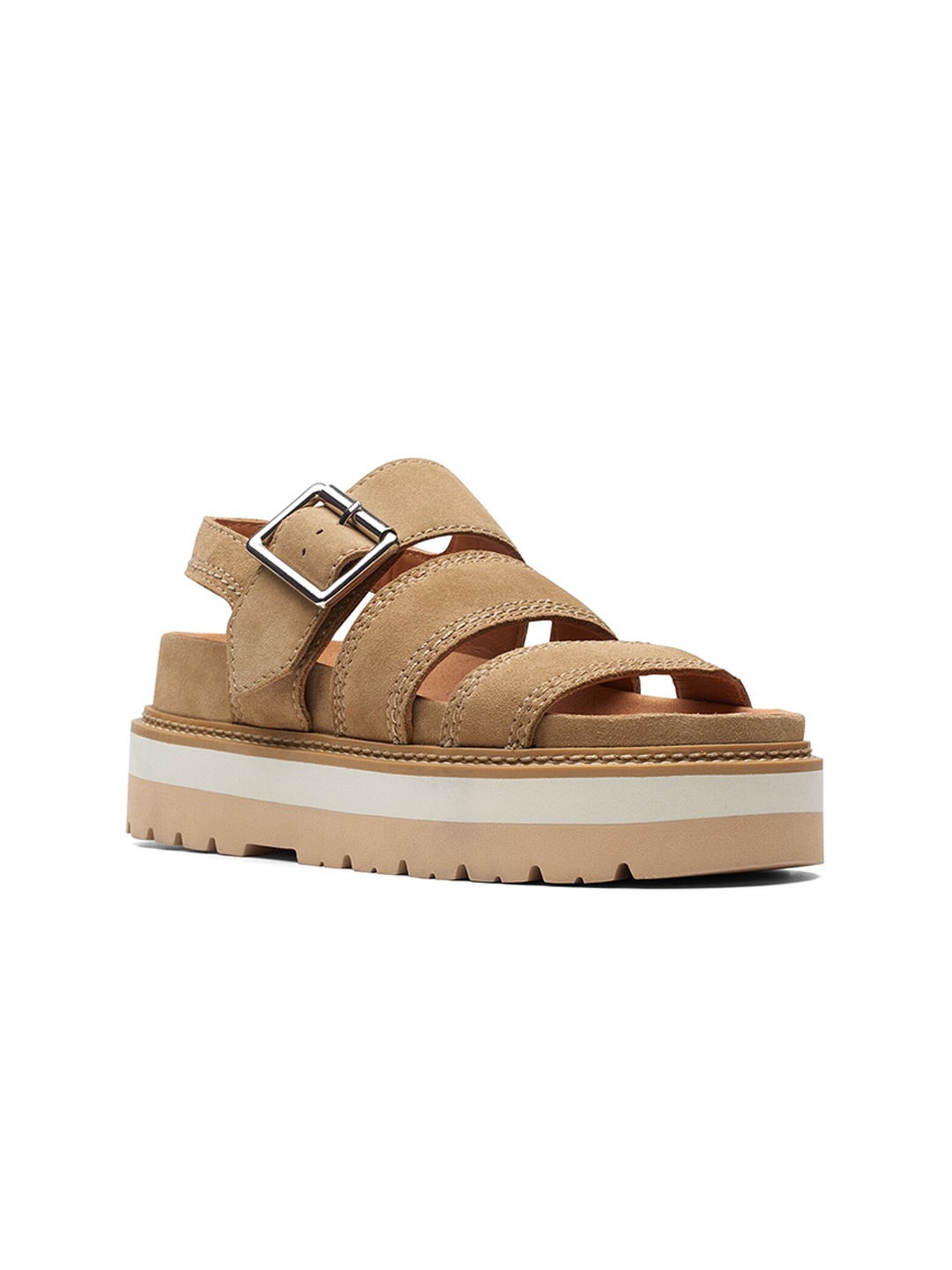 

Clarks Leather Flatform Heels with Buckles, Tan